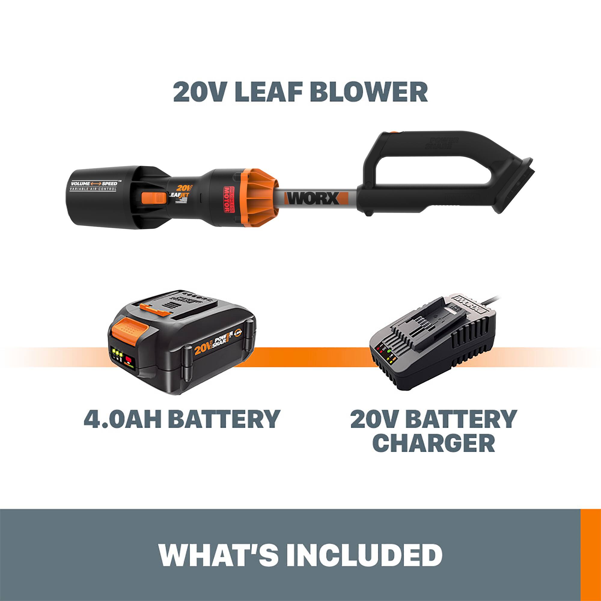 Alt View 14. WORX - WG543 20V 125MPH 410CFM Cordless Handheld Blower (1 x 4.0 Ah Battery and 1 x Charger) - Black.