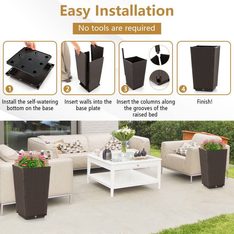 Easy Installation  
No tools are required  

1. Install the self-watering bottom on the base  
2. Insert walls into the base plate  
3. Insert the columns along the grooves of the raised bed  
4. Finish!
