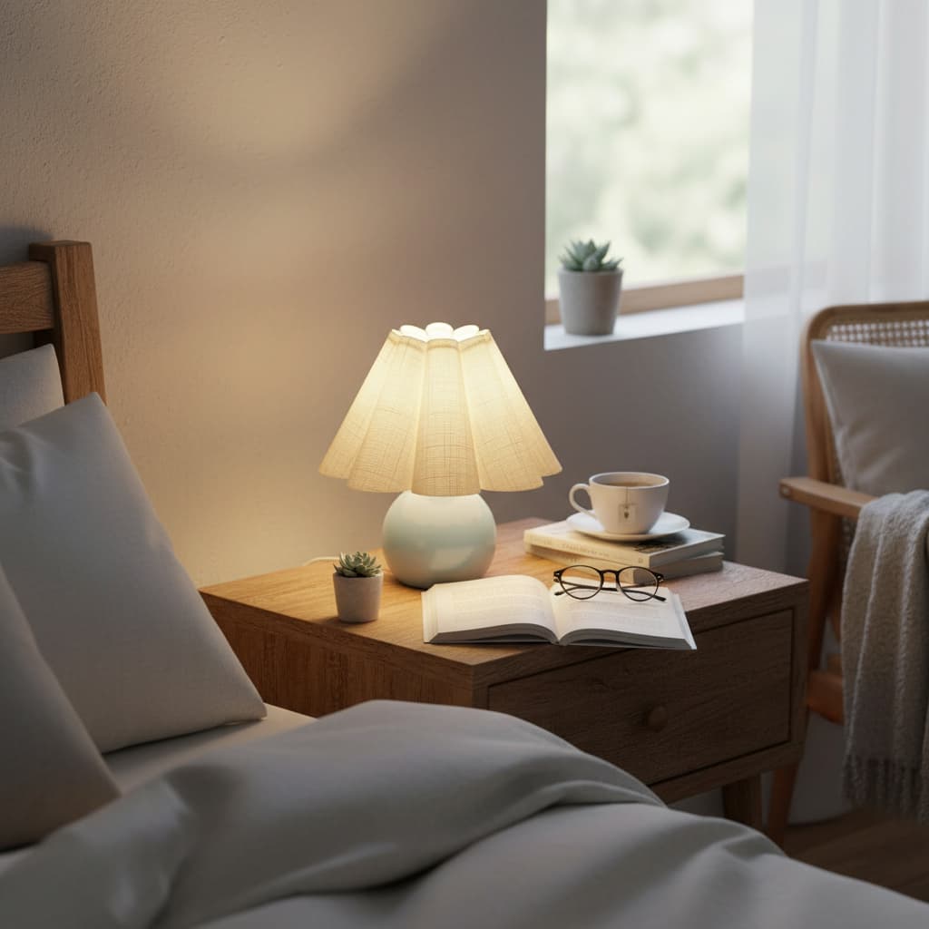 Alt View 2. FINEAK - Light Blue Small Scalloped Bedside Lamp - Compact for Small Spaces - Blue.