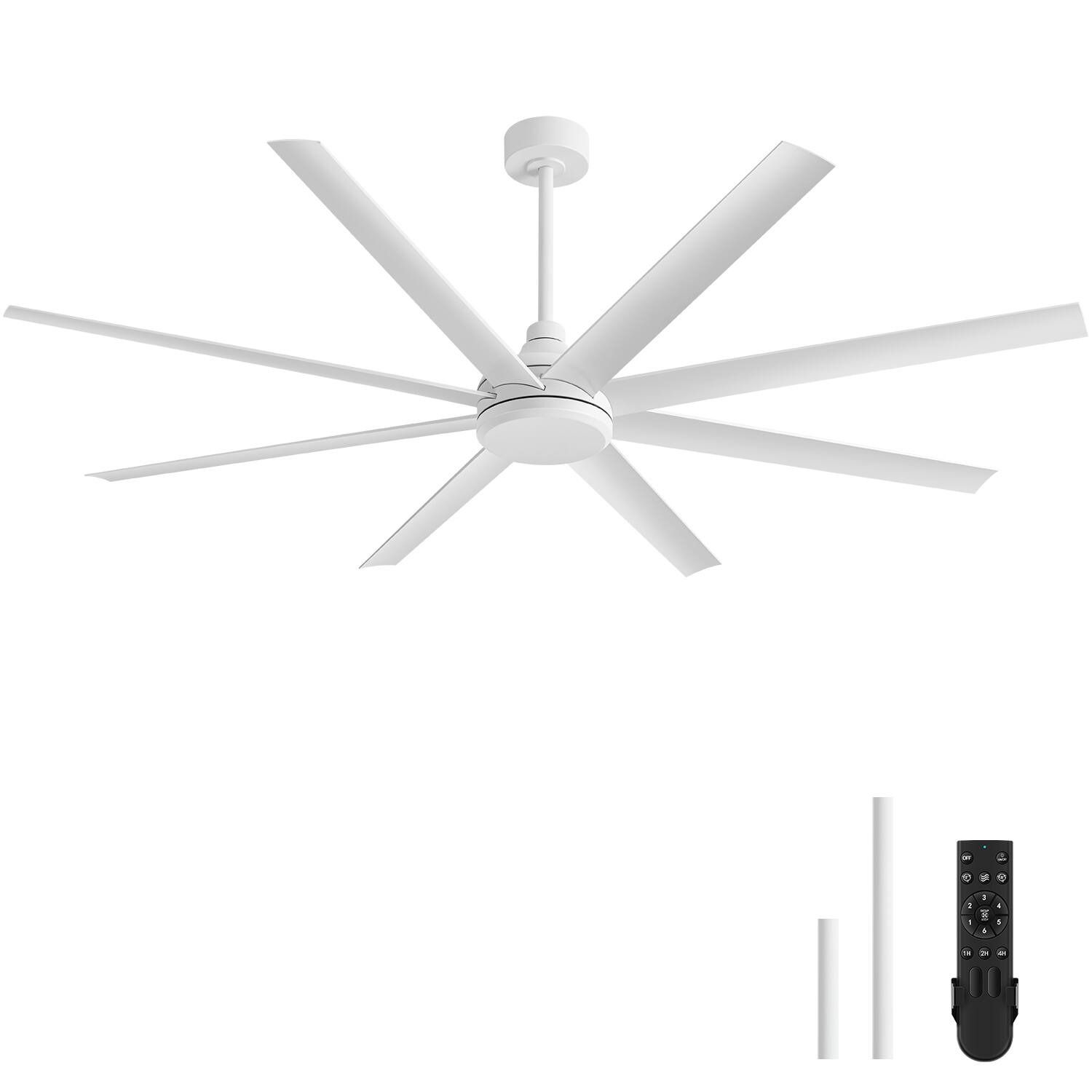 Angle. Breezary - 72" Large Indoor Ceiling Fan with Remote, 8 ABS Blades, 6-Speed DC Motor, Timer, 7''/12''Downrods, Light/No Light Option - Matte White (Without Light).
