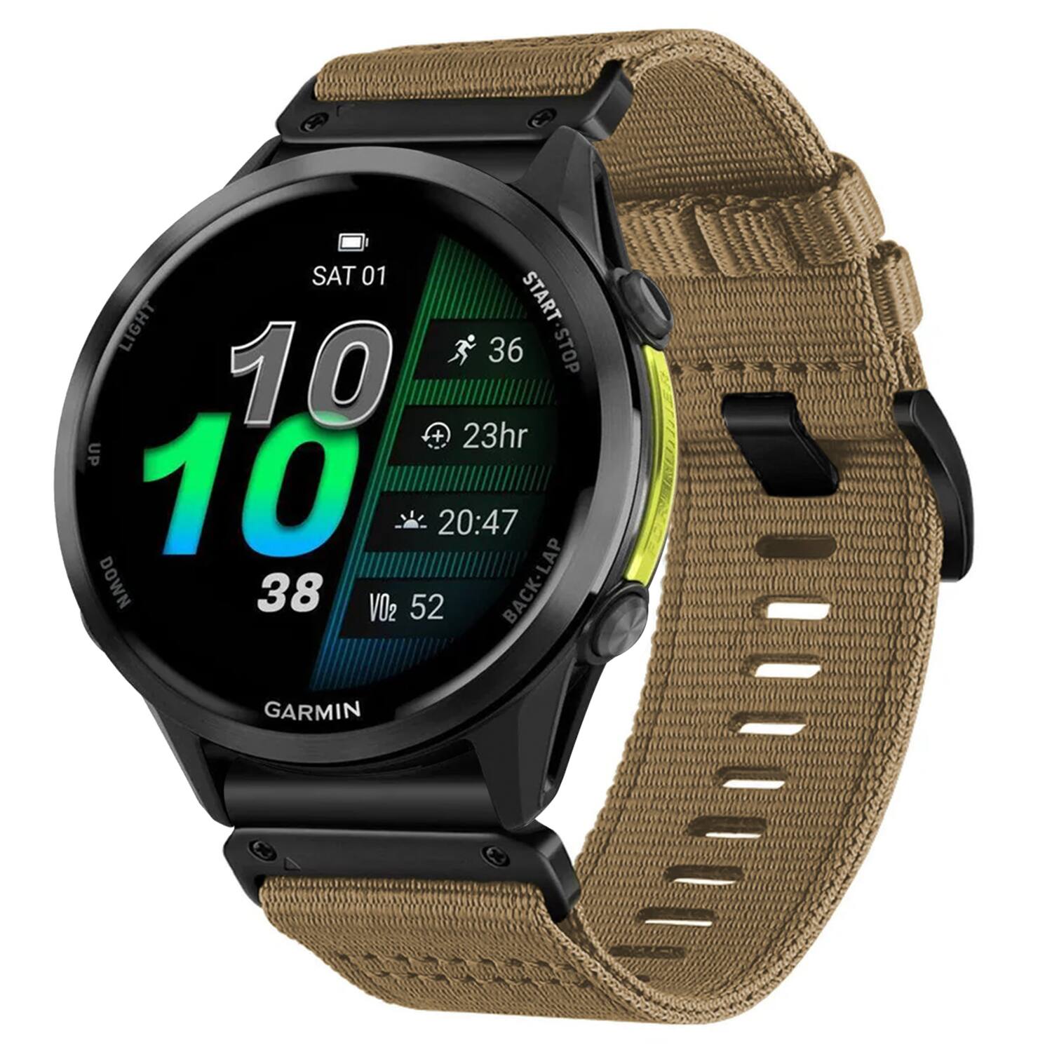 SAT 01 LIGHT START-STOP START - 36 STOP 10 23hr UP 10 20:47 LAP DOWN 38 VO2 52 BACK-LAP GARMIN