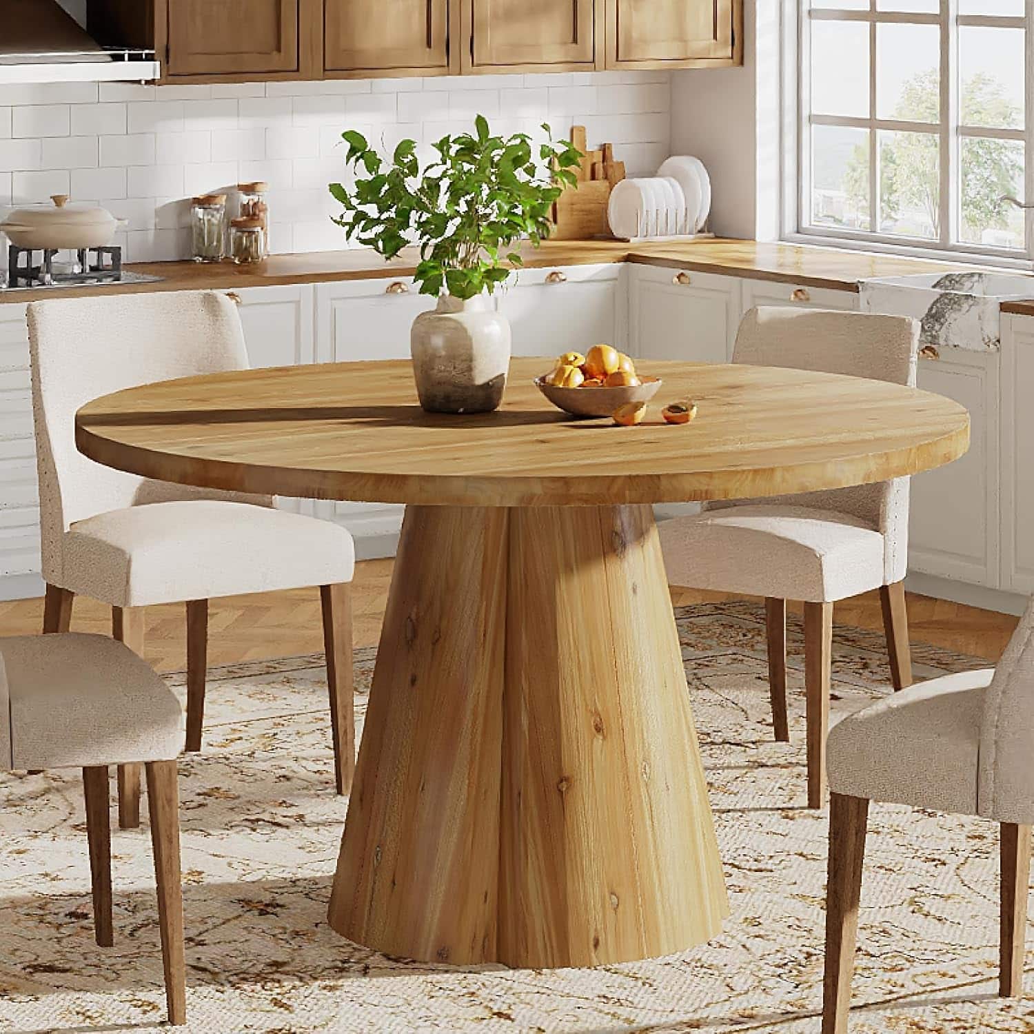 Tribesigns - Solid Wood Dining Table with Wood Grain Finish and Round Top for Everyday Meals and Family Gatherings - Light Brown