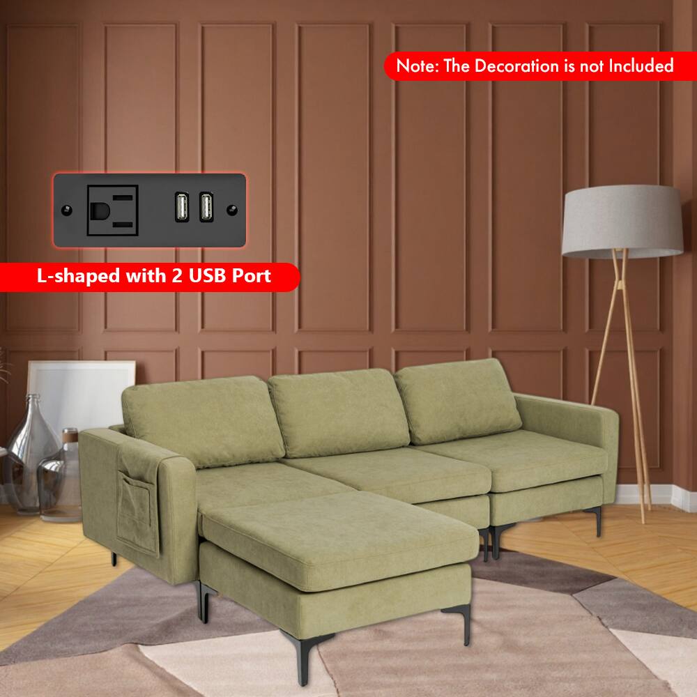 Angle. Hivvago - Modular 3-Seater L-Shaped Sectional Couch with Reversible Chaise and Dual USB Charging Ports - Green.