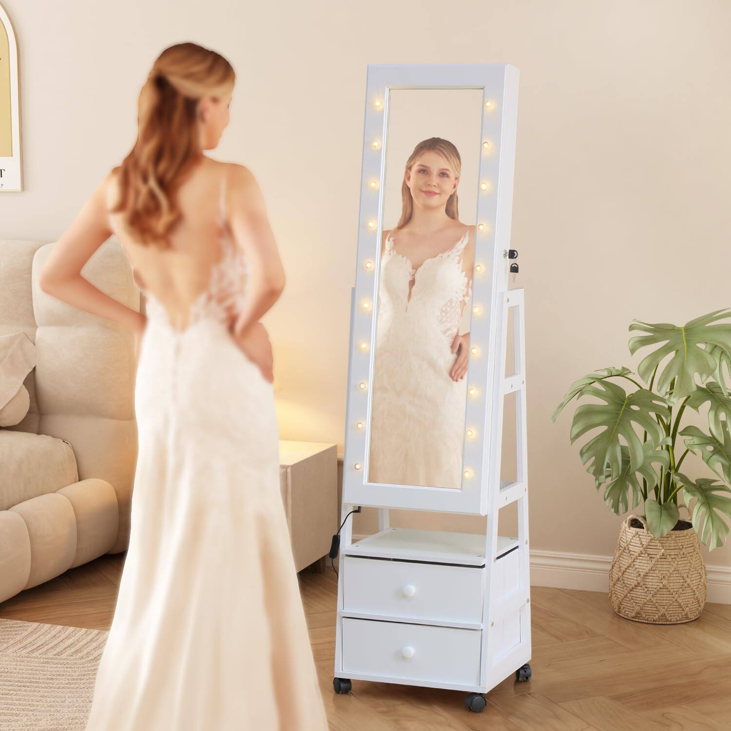 Cedar Assembly - Rotating Cabinet With Vanity Mirror Full Length Storage Armoire Lockable Organizer Standing Drawers Wheels - Off White 63*16+LED Lights