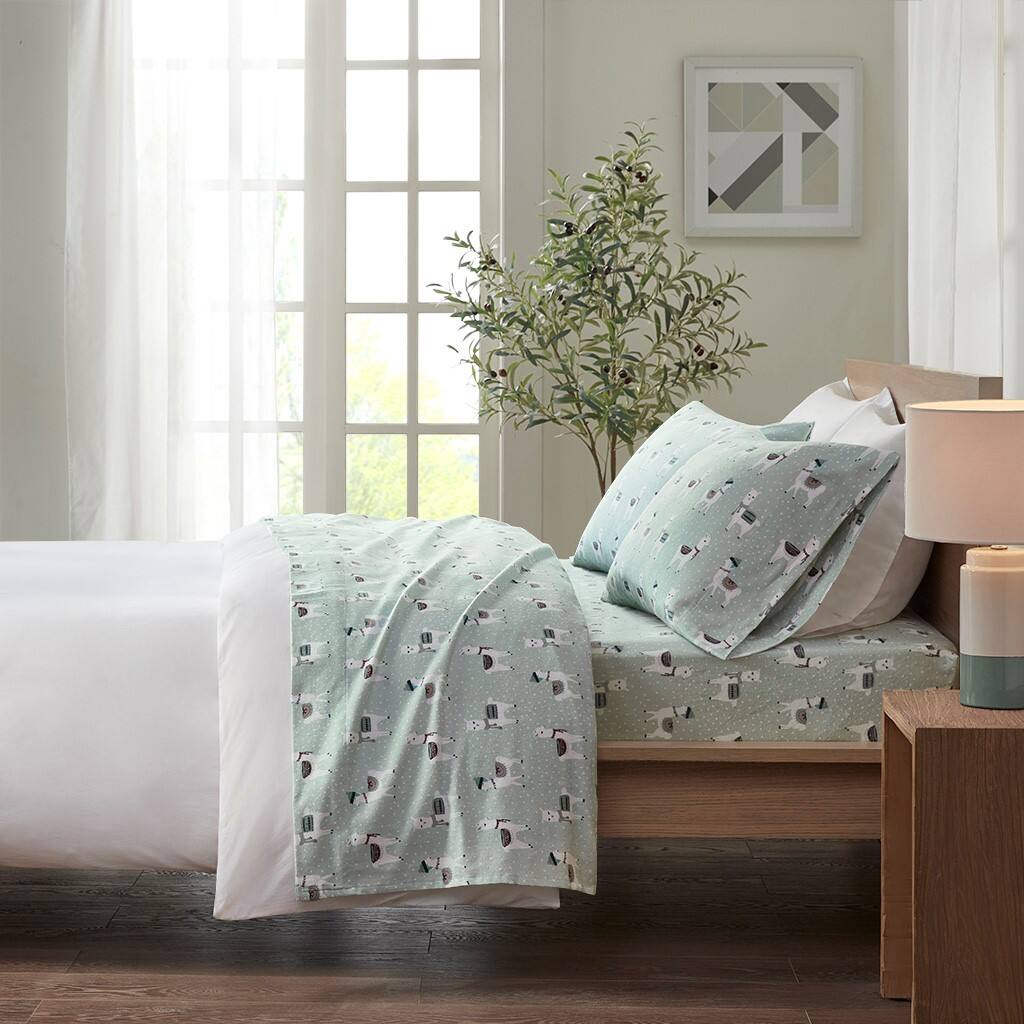 Alt View 1. Gracie Mills - Gracie Mills Persephone Cotton Flannel Sheet Set - Seafoam Llama.
