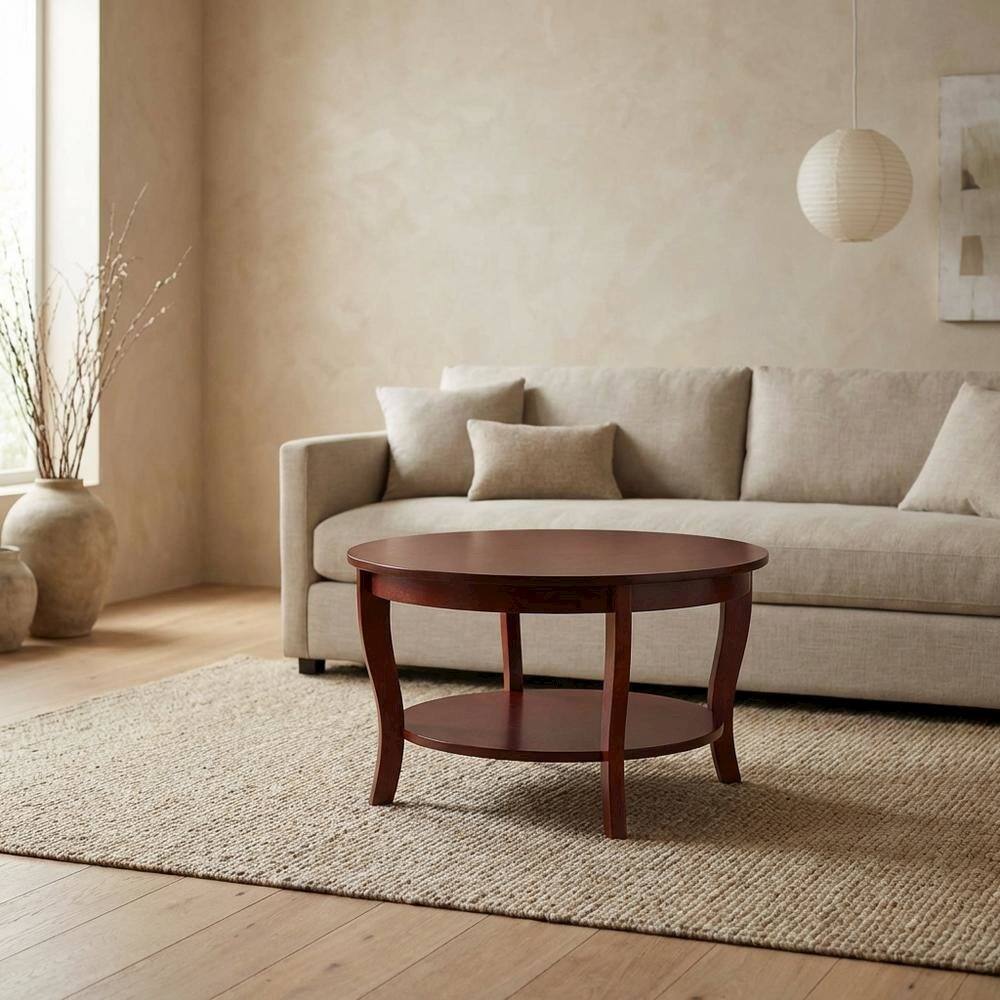 Alt View 2. FurniFact - Distressed Round Coffee Table with Shelf in Classic Style - Mahogany.
