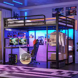 Anysun - Queen Loft Bed w/ Storage Shelves, Desk, USB Ports, Lights, Hanging Rod, Cave Board Design, Metal Frame - Black