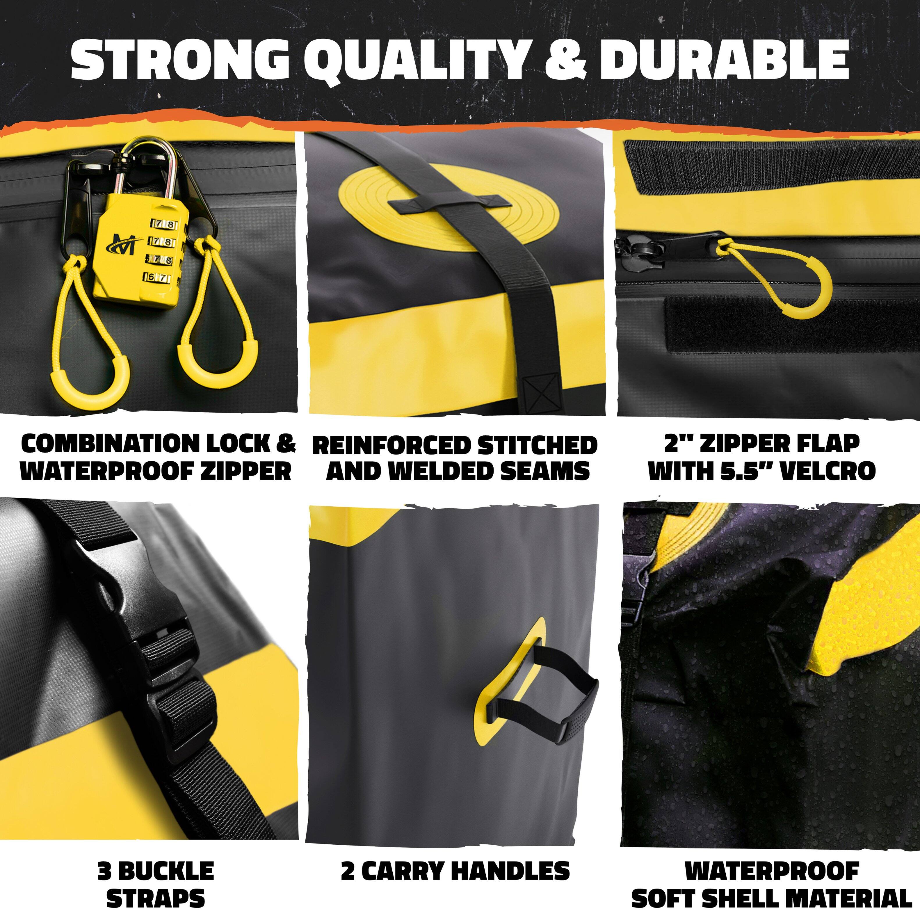 STRONG QUALITY & DURABLE

- COMBINATION LOCK & WATERPROOF ZIPPER
- REINFORCED STITCHED AND WELDED SEAMS
- 2" ZIPPER FLAP WITH 5.5" VELCRO
- 3 BUCKLE STRAPS
- 2 CARRY HANDLES
- WATERPROOF SOFT SHELL MATERIAL