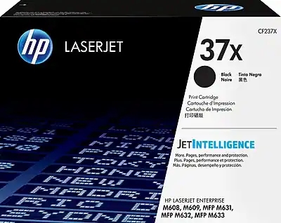 HP LASERJET
37x
CF237X
Block Tinta Negra
Noire
Print Cartridge
Cartouche d'Impression
Cartucho de Impresión
打印墨盒
JET INTELLIGENCE
More Pages, performance and protection.
Plus Pages, performance et protection.
Más páginas, desempeño y protección.
HP LASERJET ENTERPRISE
M608, M609, MFP M631, MFP M632, MFP M633