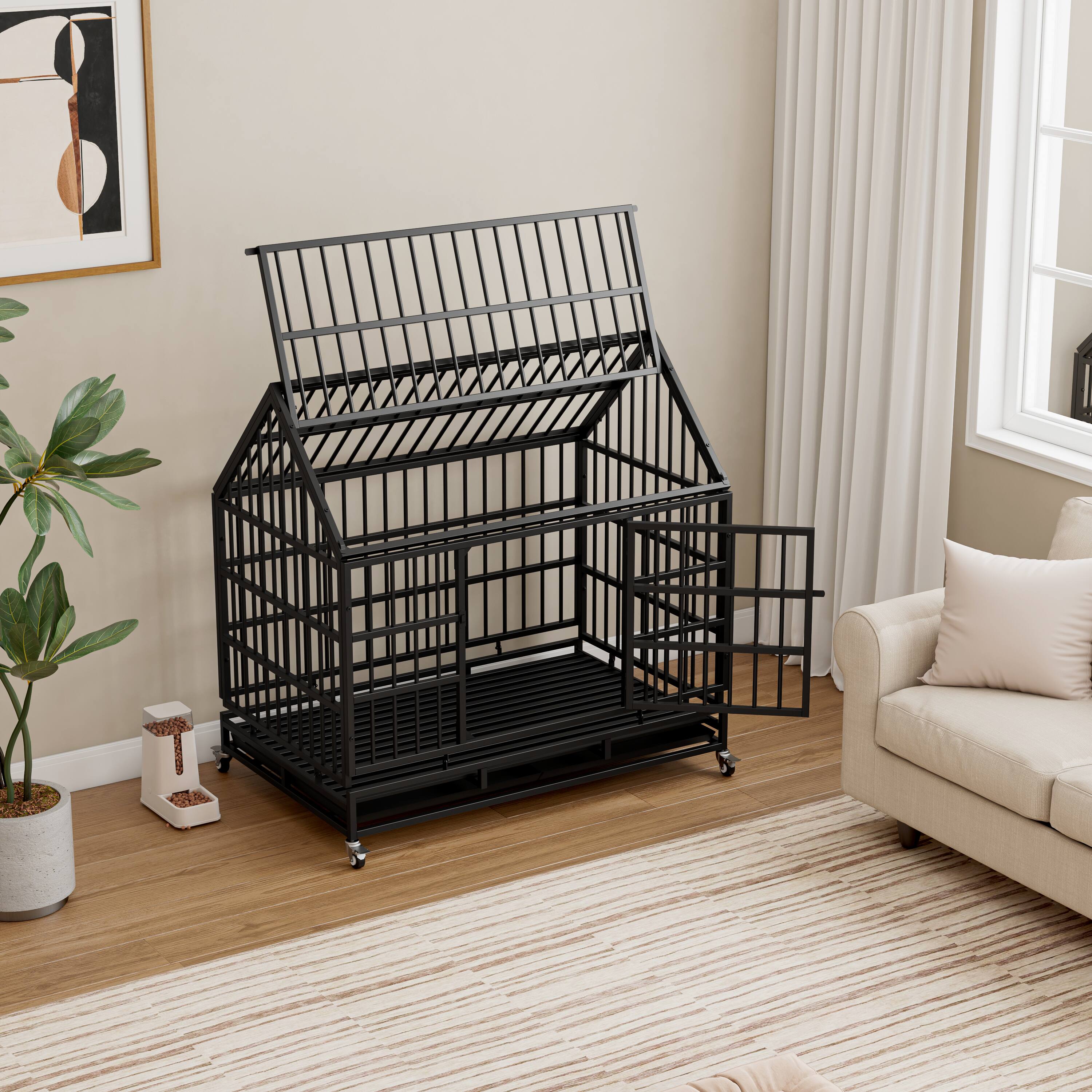 Alt View 4. Siljoy - Heavy Duty Folding Dog Crate with Wheels, Pointed Roof & Removable Tray for Large/Medium Dogs.