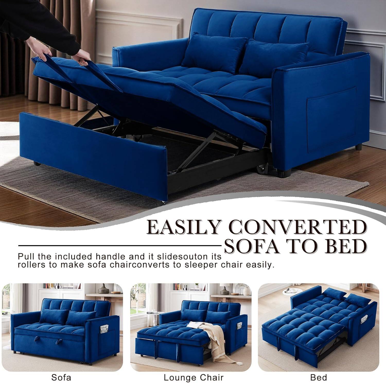 EASILY CONVERTED SOFA TO BED
Pull the included handle and it slides out on its rollers to make sofa chair converts to sleeper chair easily.
Sofa
Lounge Chair
Bed