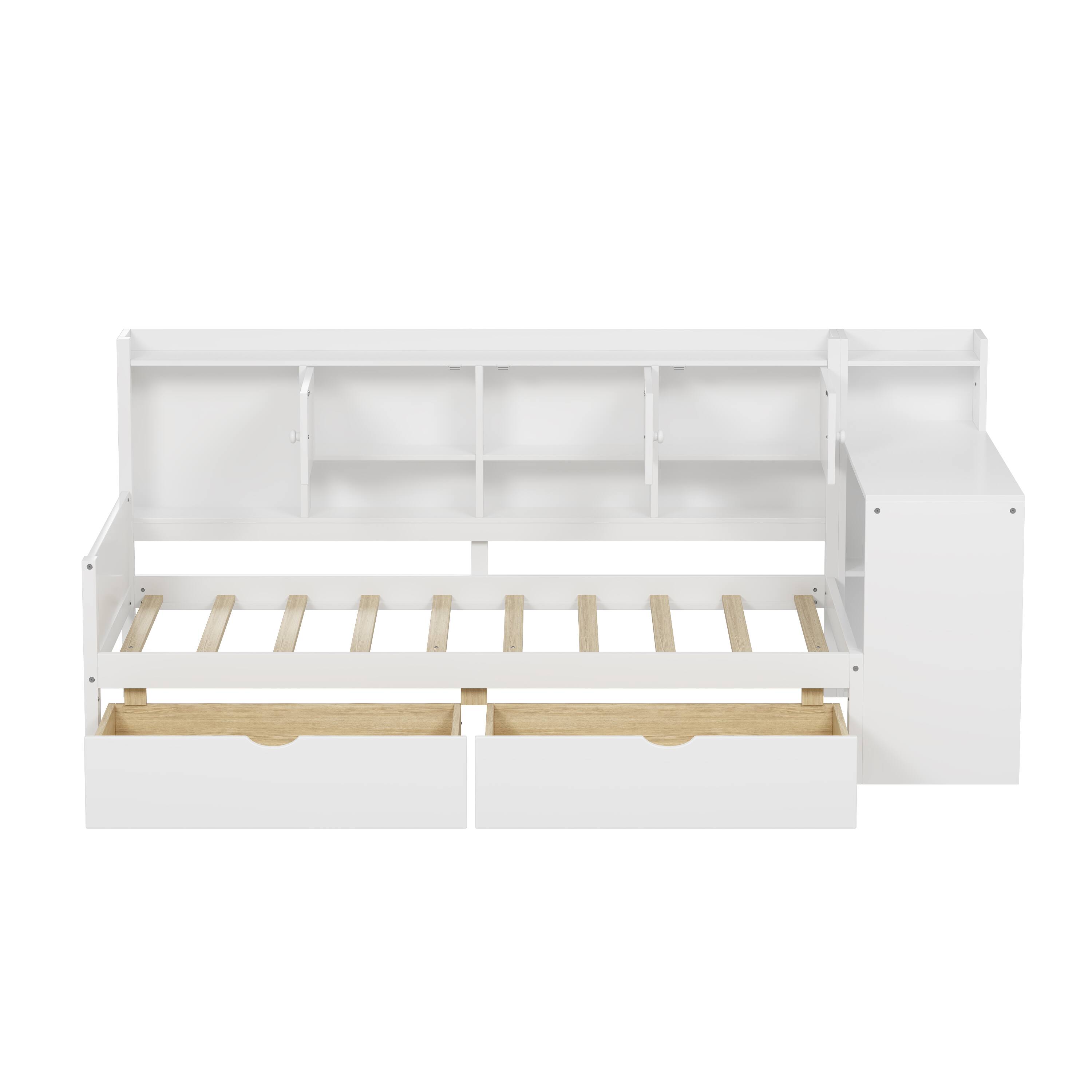 Back. Tiramisubest - Wooden L-Shape Daybed with Storage Cabinets and Drawers, Multi-functional Bed with Study Desk and Built-in Bookshelf - White.