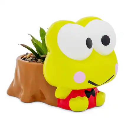 Front. Silver Buffalo - Sanrio Keroppi Stump 4-Inch Ceramic Mini Planter With Artificial Succulent - Yellow.
