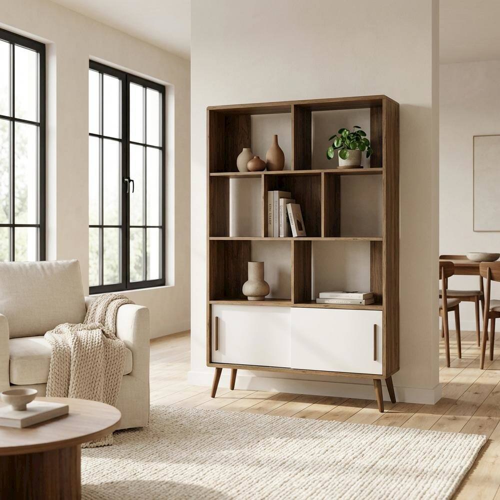 Left. FurniFact - Wooden Bookcase with Sliding Doors for Living Room Storage - Brown.