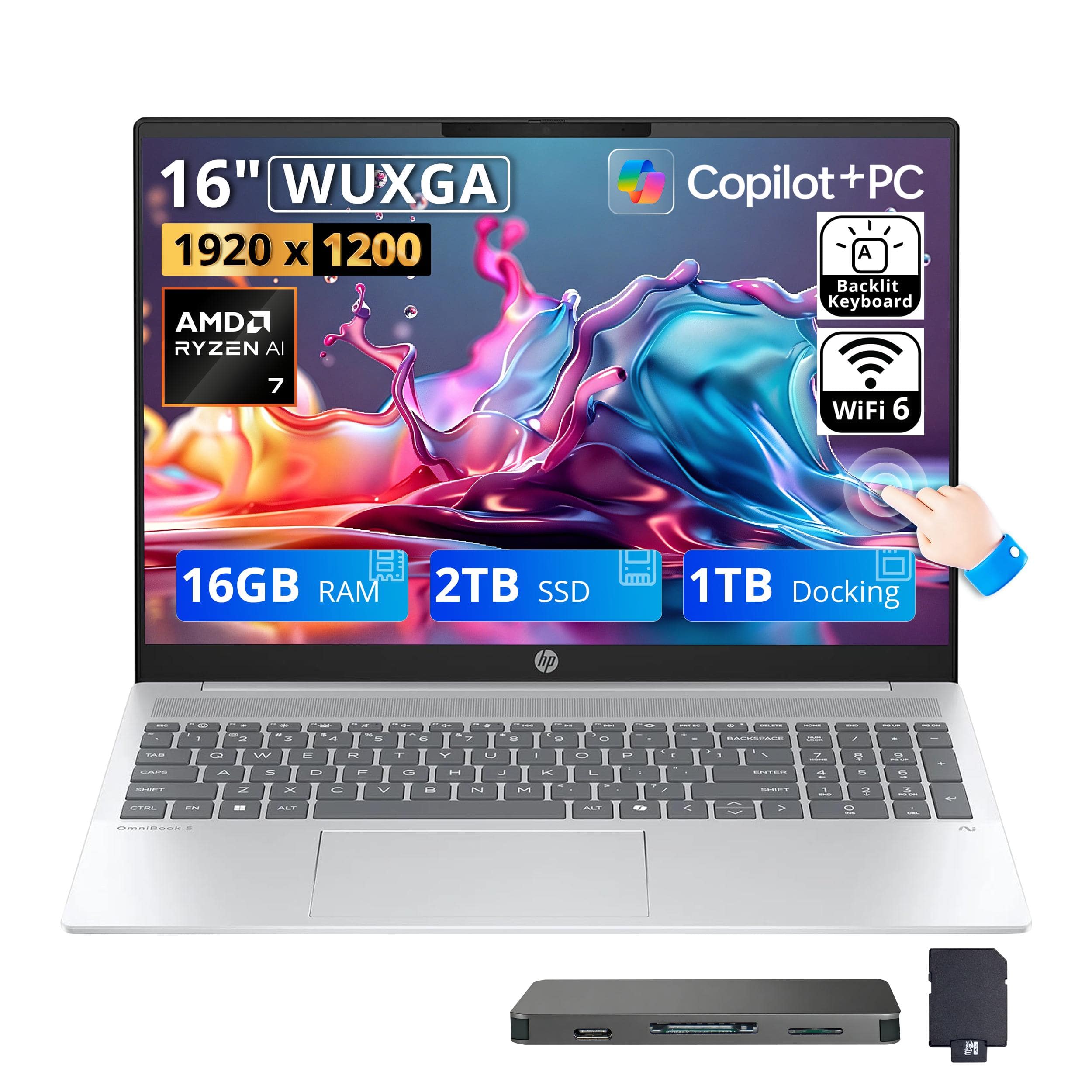 HP - Upgraded - Omnibook 5 16" WUXGA Touch Copilot+ PC Laptop,AMD Ryzen AI 7 350,16GB RAM,2TB SSD+1TB Dock,Backlit,Win 11 - Silver