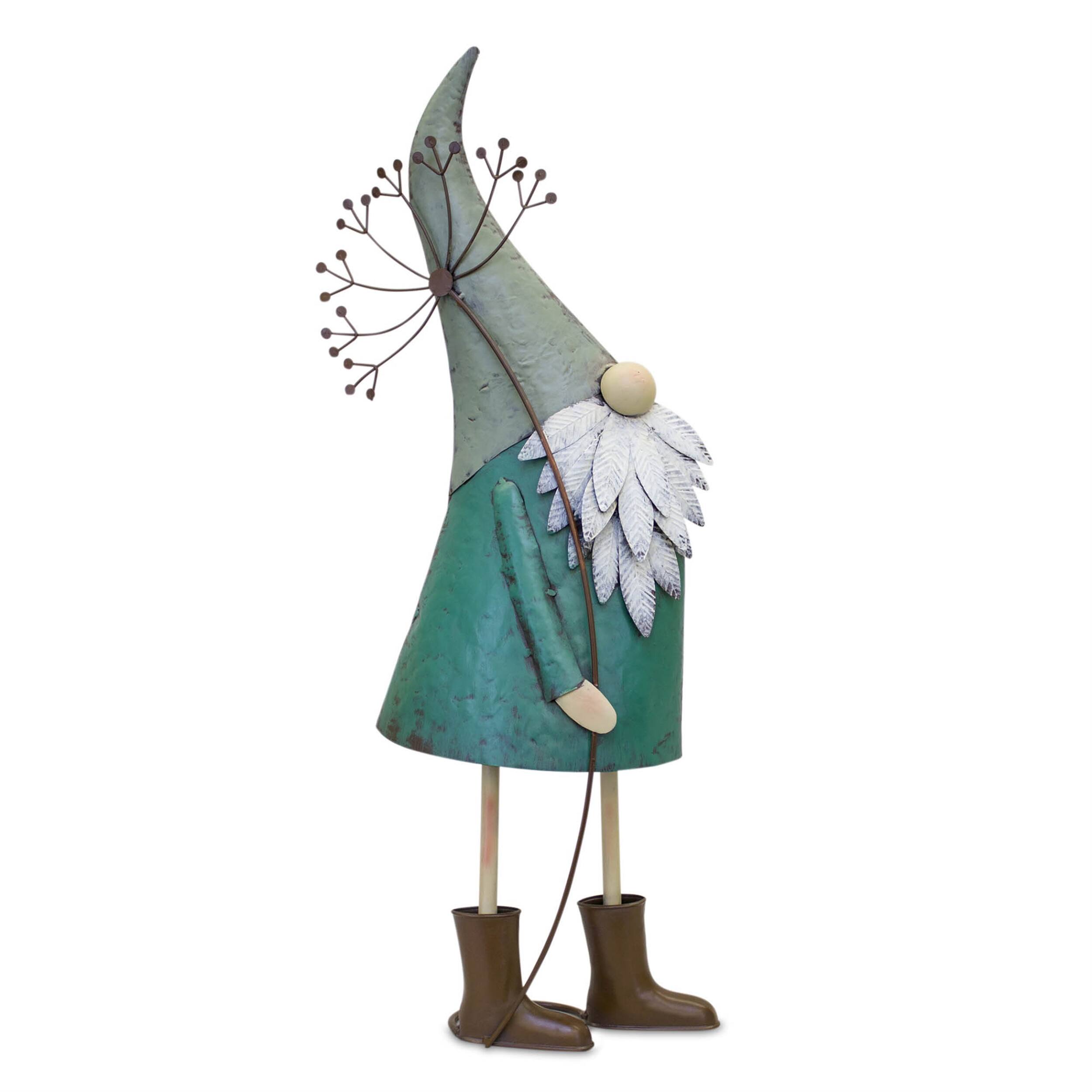 Back. BreeBe - Iron Metal Standing Garden Gnome with Flower (Set of 2) - Brown, White, Green.