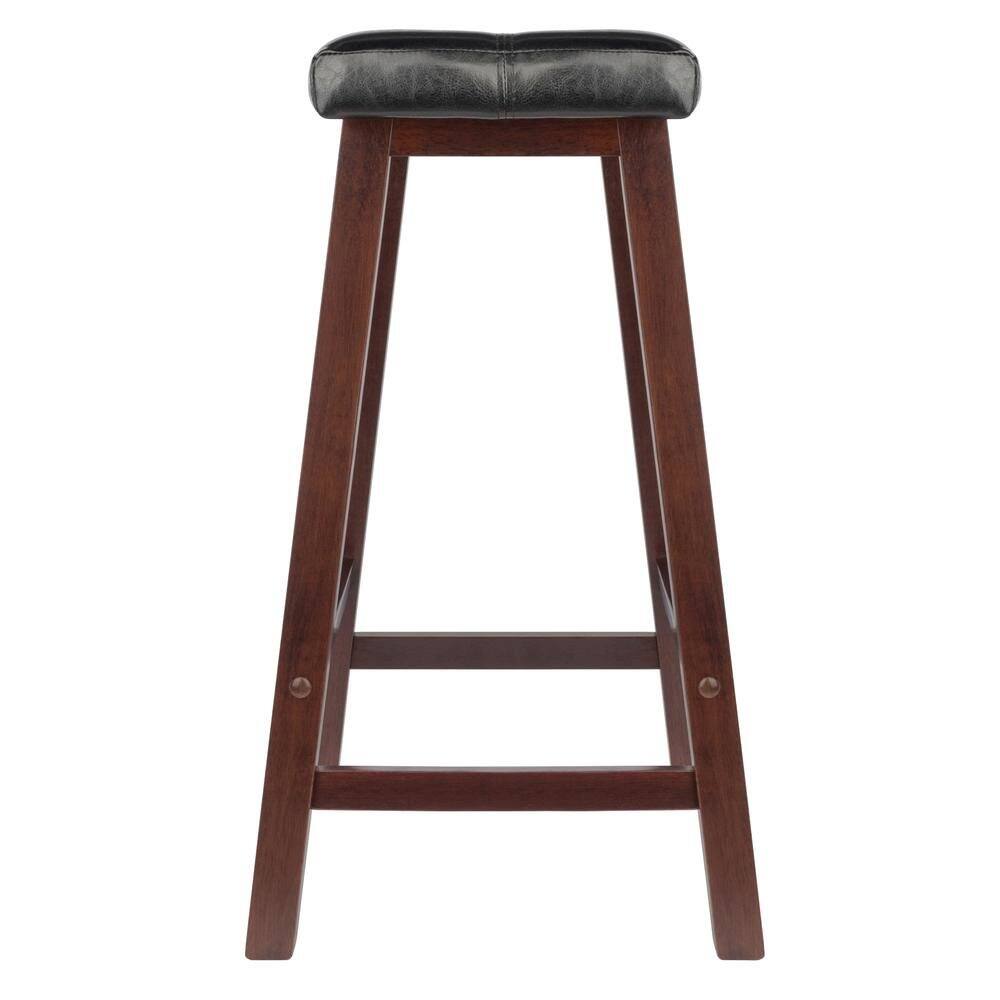 Alt View 2. FurniFact - Black Faux Leather Saddle Seat Bar Stool, 24 Inch Counter Height Kitchen Stool - Walnut / Black.