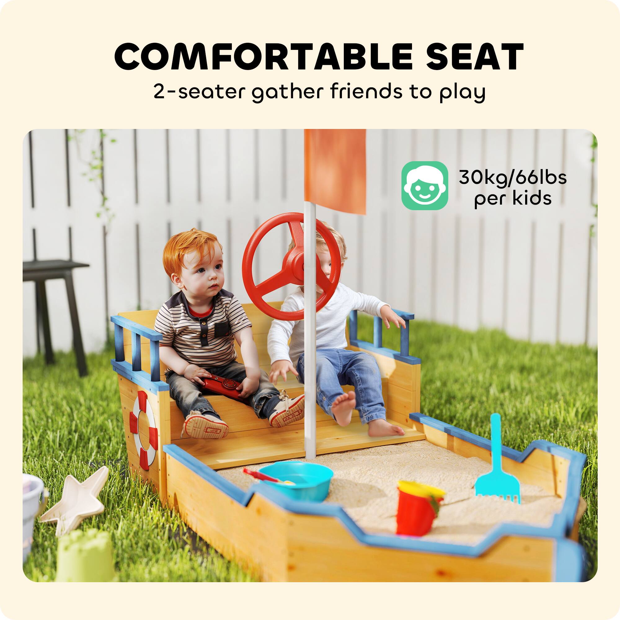 COMFORTABLE SEAT  
2-seater gather friends to play  

30kg/66lbs per kids