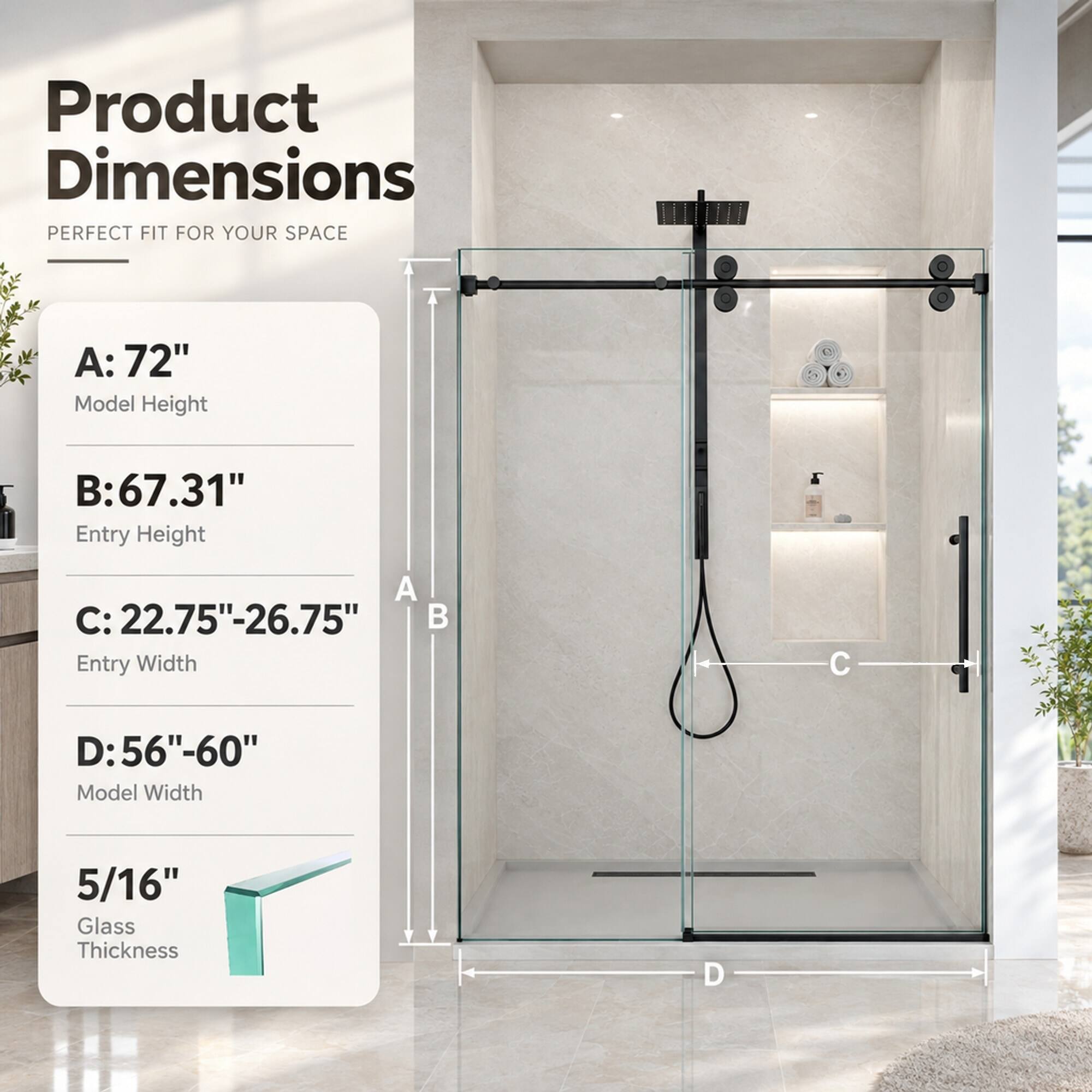 Product Dimensions  
PERFECT FIT FOR YOUR SPACE

A: 72"  
Model Height

B: 67.31"  
Entry Height

C: 22.75"-26.75"  
Entry Width

D: 56"-60"  
Model Width

5/16"  
Glass Thickness