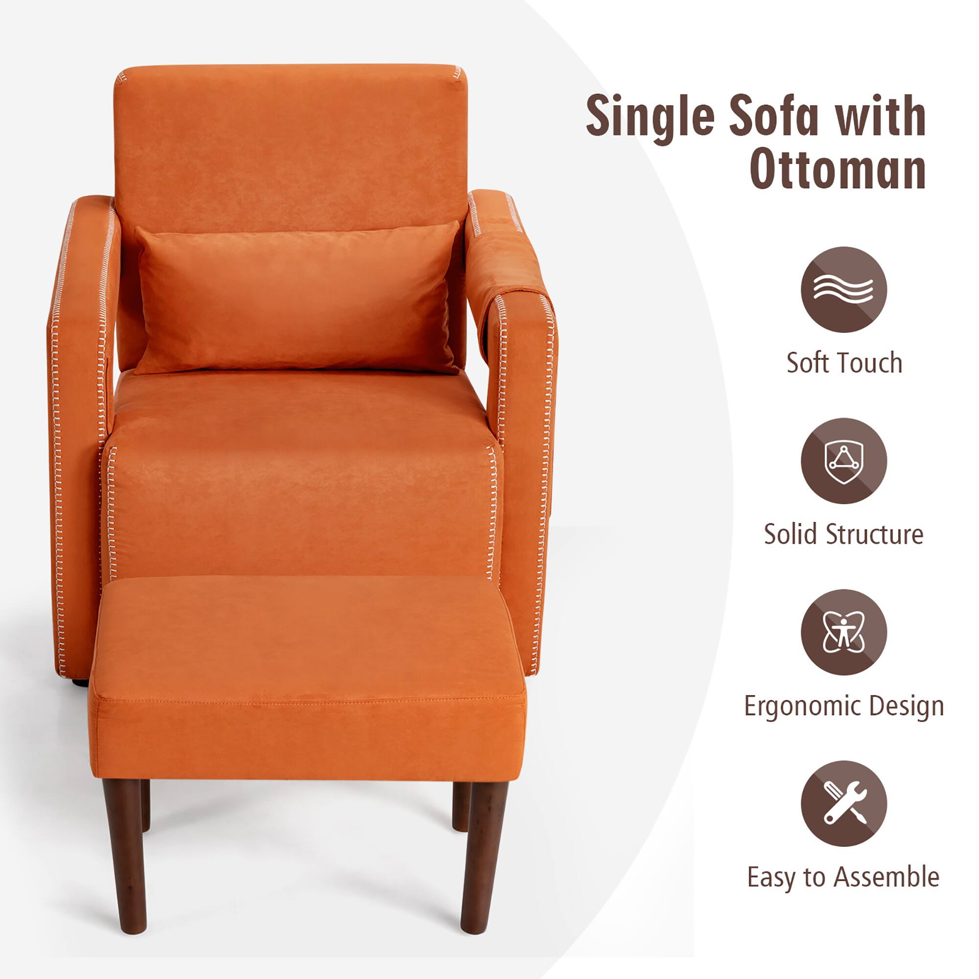 Single Sofa with Ottoman: Soft Touch, Solid Structure, Ergonomic Design, Easy to Assemble