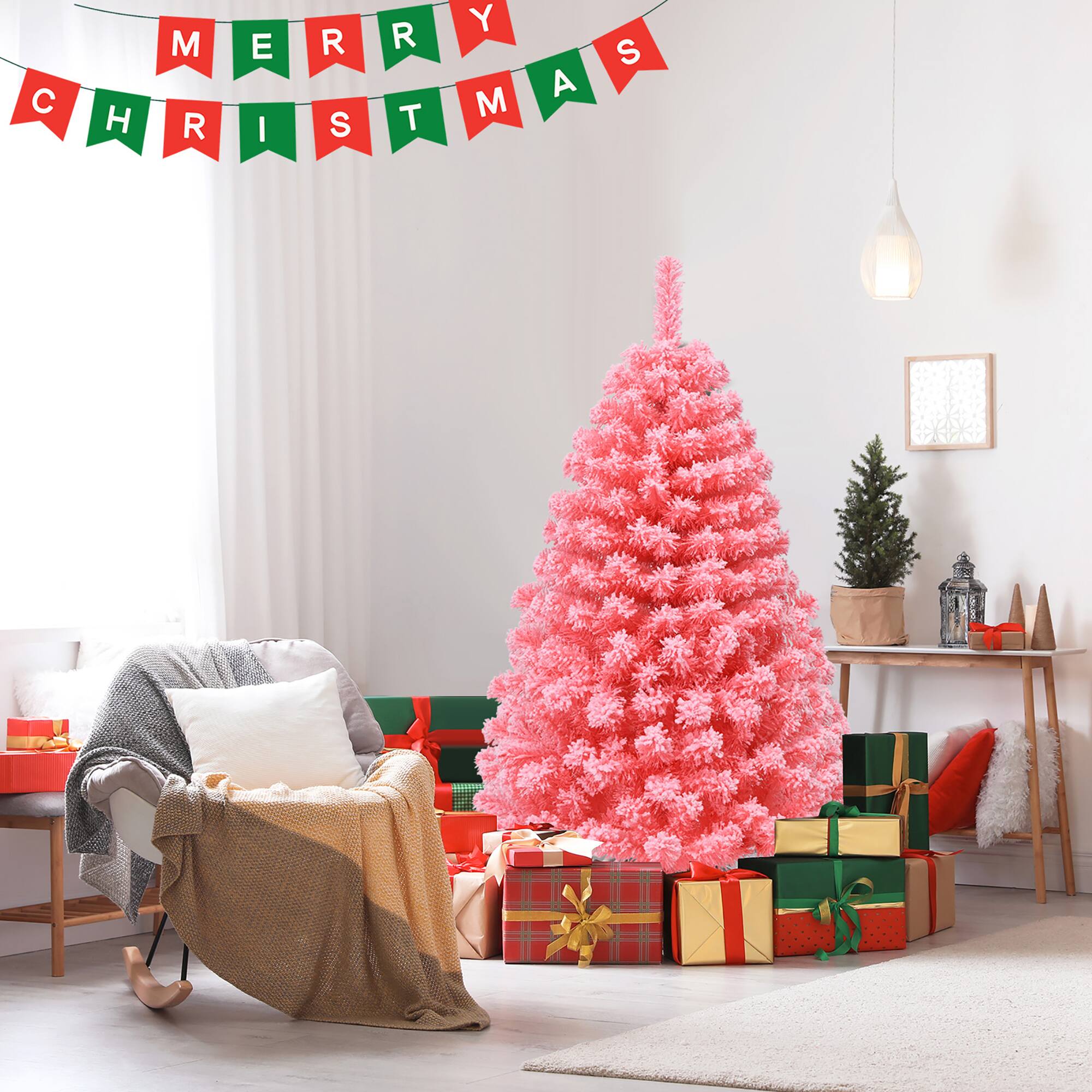 Alt View 4. Costway - Costway 4.5ft Snow Flocked Hinged Artificial Christmas Tree w/ Metal Stand Pink - Pink.