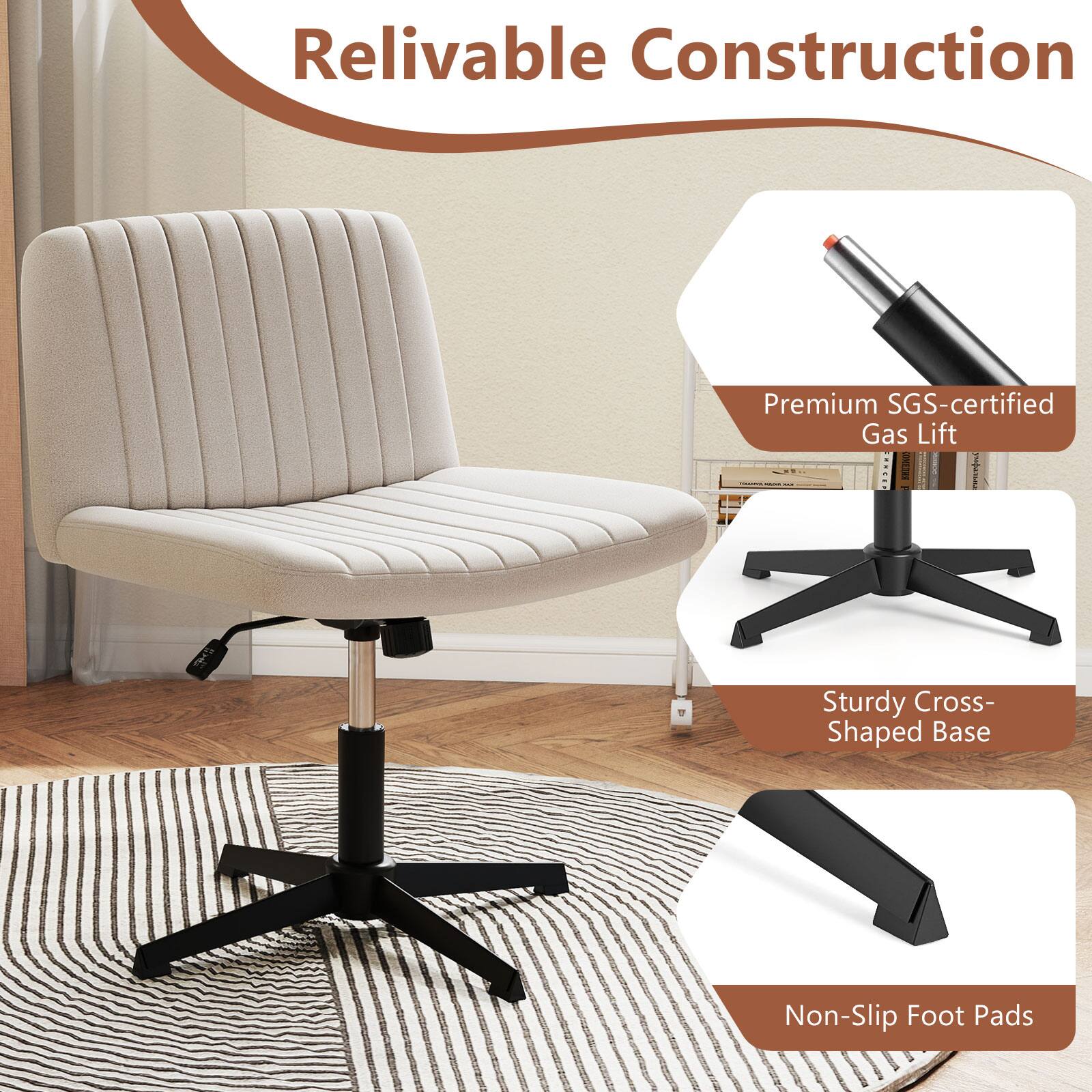 Relivable Construction

- Premium SGS-certified Gas Lift
- Sturdy Cross-Shaped Base
- Non-Slip Foot Pads