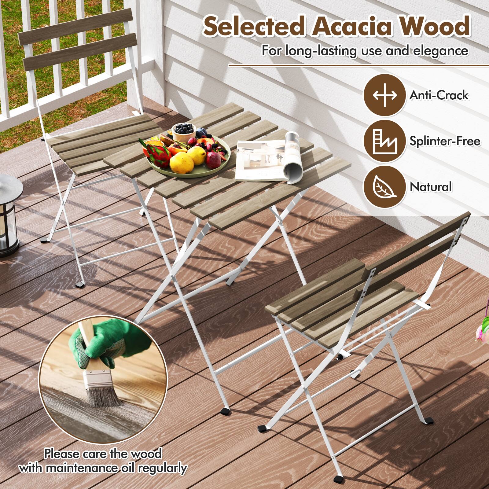 Selected Acacia Wood For long-lasting use and elegance. Anti-Crack, Splinter-Free, Natural. Please care the wood with maintenance oil regularly.
