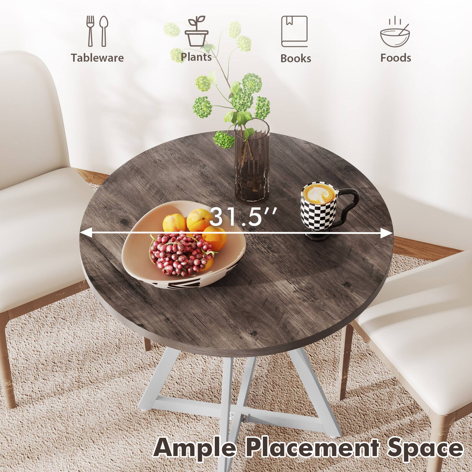 Tableware, Plants, Books, Foods  
31.5"  
Ample Placement Space