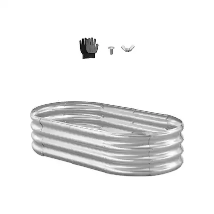 Front. VEVOR - Metal Raised Garden Bed, 4 x 2 x 1 ft Oval Outdoor Galvanized Planter Garden Box, Open Bottom Design - Silver.