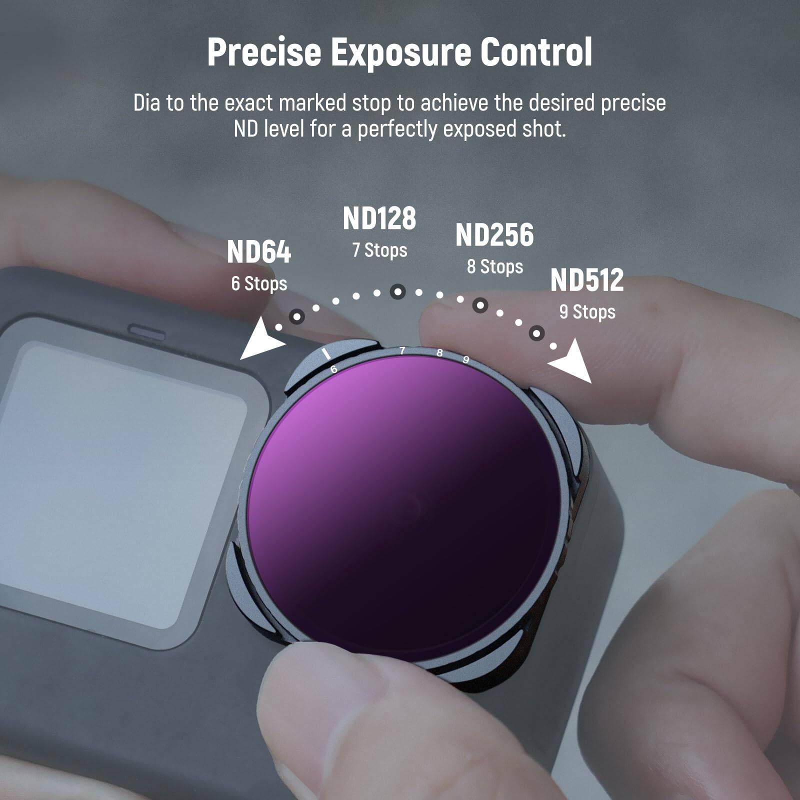 Precise Exposure Control  
Dia to the exact marked stop to achieve the desired precise ND level for a perfectly exposed shot.

- ND64: 6 Stops
- ND128: 7 Stops
- ND256: 8 Stops
- ND512: 9 Stops