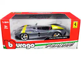 Ferrari Monza SP1 1/24 Diecast Model Car by Bburago - Silver Metallic with Yellow Stripes