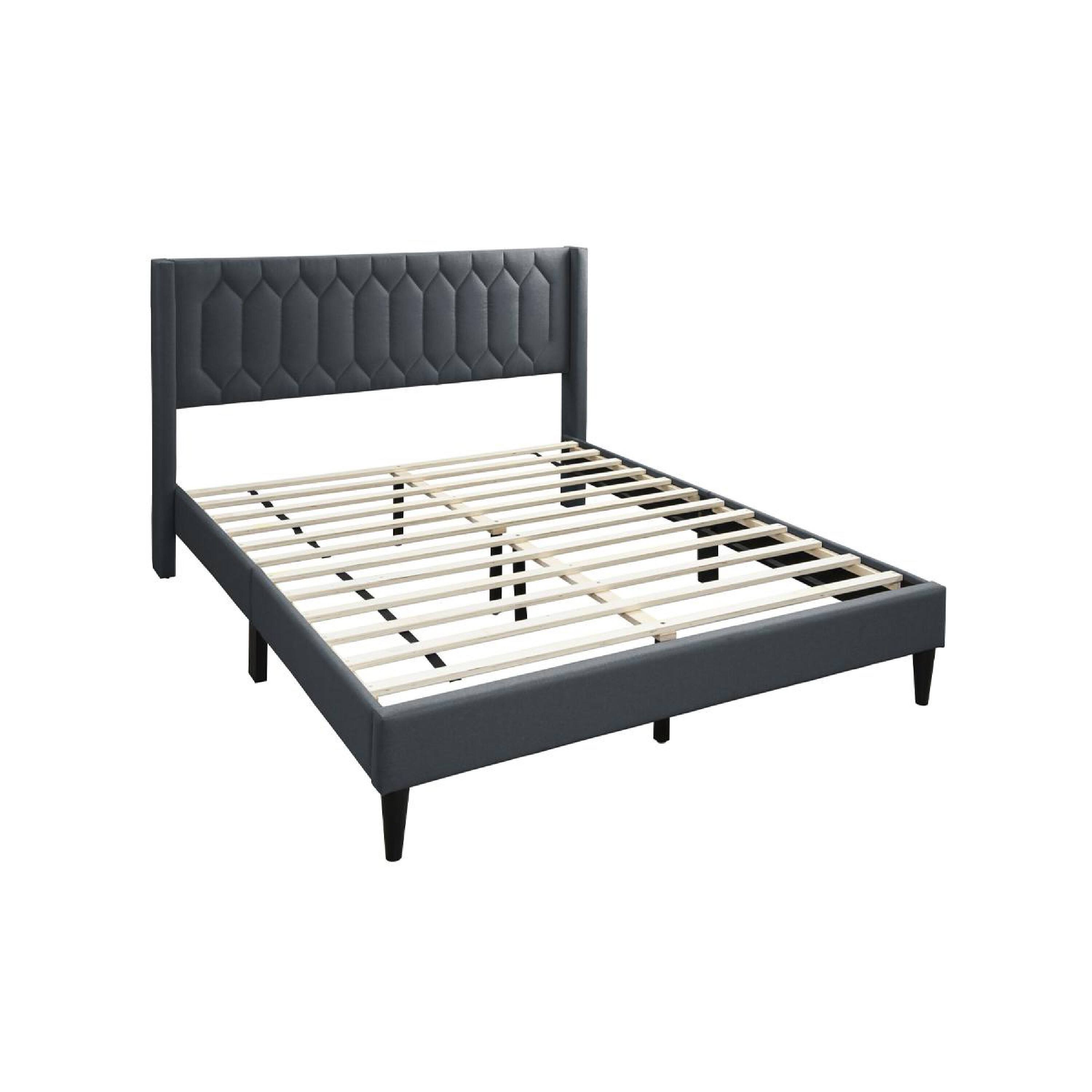 Alt View 3. Manhattan Lane - Jeo Queen Size Bed, Geometric Stitched Charcoal Gray Burlap Upholstery - Charcoal Gray, Black.