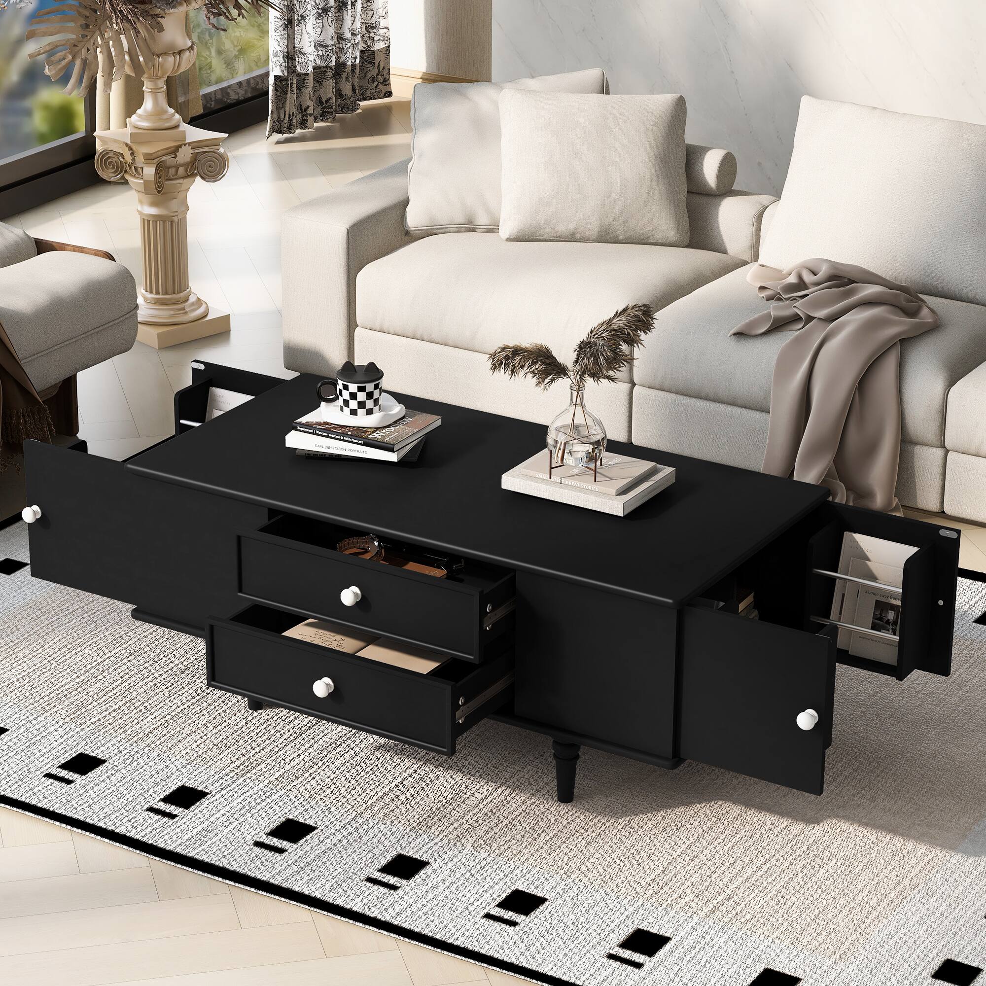 Alt View 8. Ecooso - Coffee Table Rectangle with Drawers and Hidden Storage Compartments, Solid Wood Center Table with Metal Handles - Black.