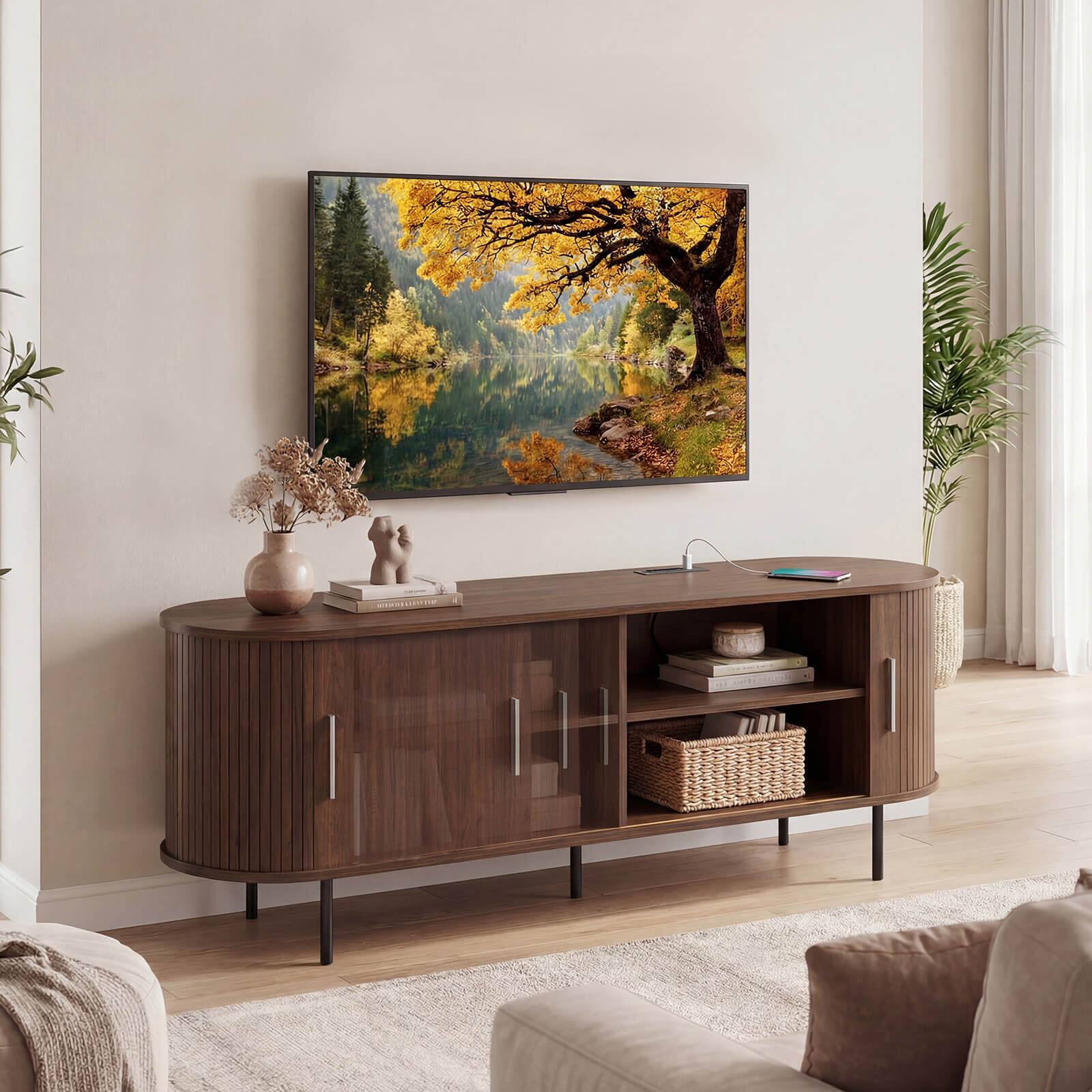 Alt View 3. Costway - Costway Fluted TV Stand for TVs up to 60", Mid Century Curved Entertainment Center - Walnut.