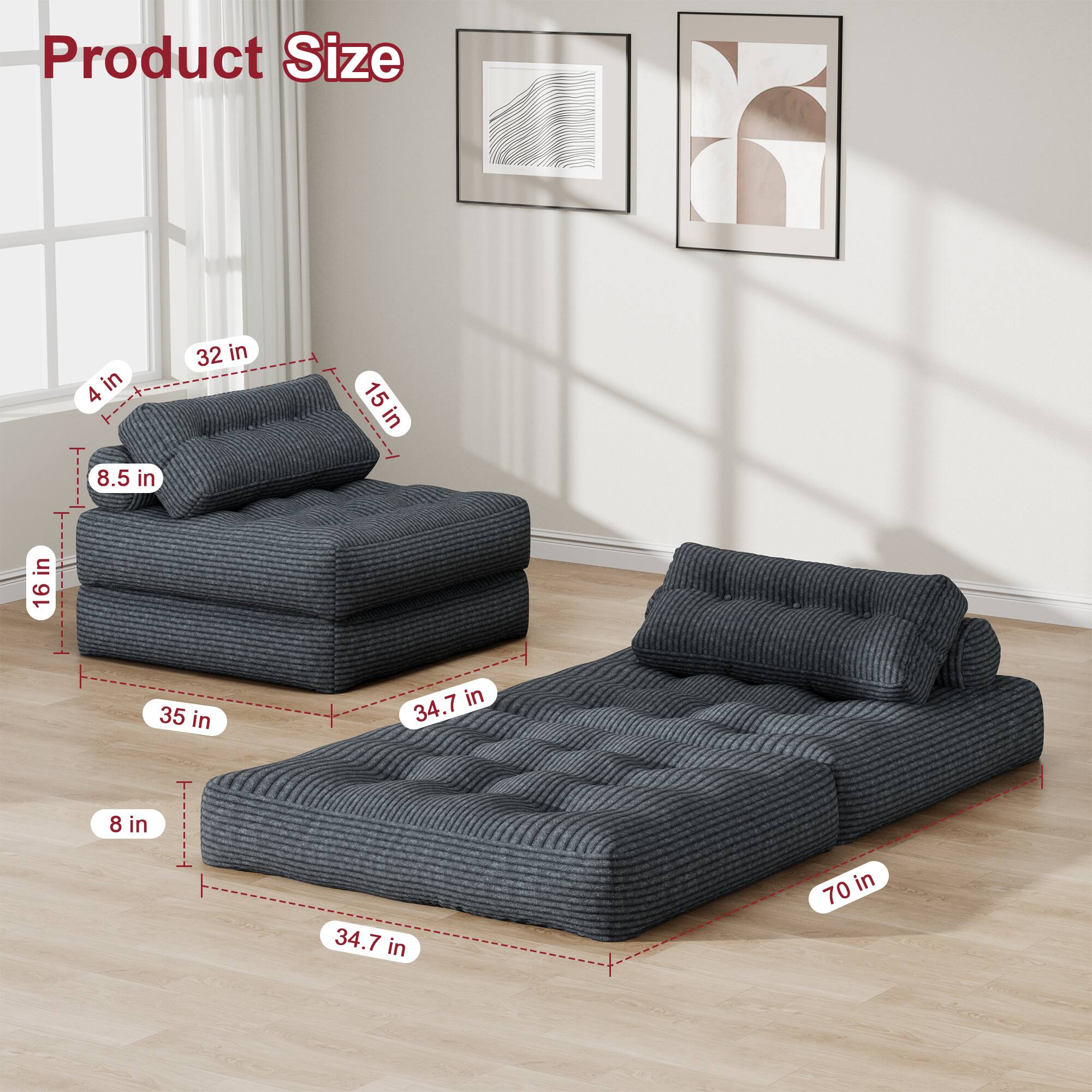 Product Size

4 in  
32 in  
15 in  
8.5 in  
16 in  
35 in  
34.7 in  
8 in  
34.7 in  
70 in
