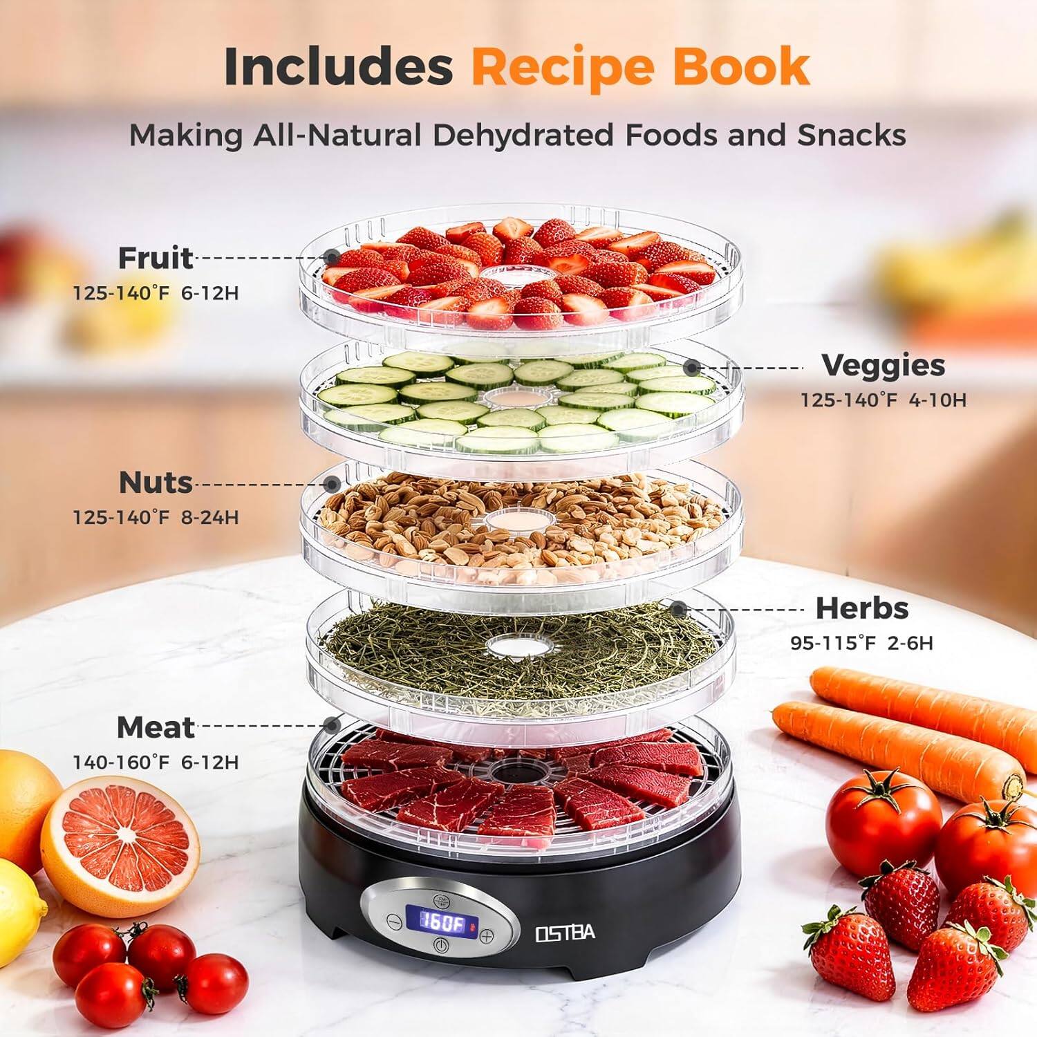 Includes Recipe Book  
Making All-Natural Dehydrated Foods and Snacks  

Fruit: 125-140°F 6-12H  
Veggies: 125-140°F 4-10H  
Nuts: 125-140°F 8-24H  
Herbs: 95-115°F 2-6H  
Meat: 140-160°F 6-12H  

OSTBA