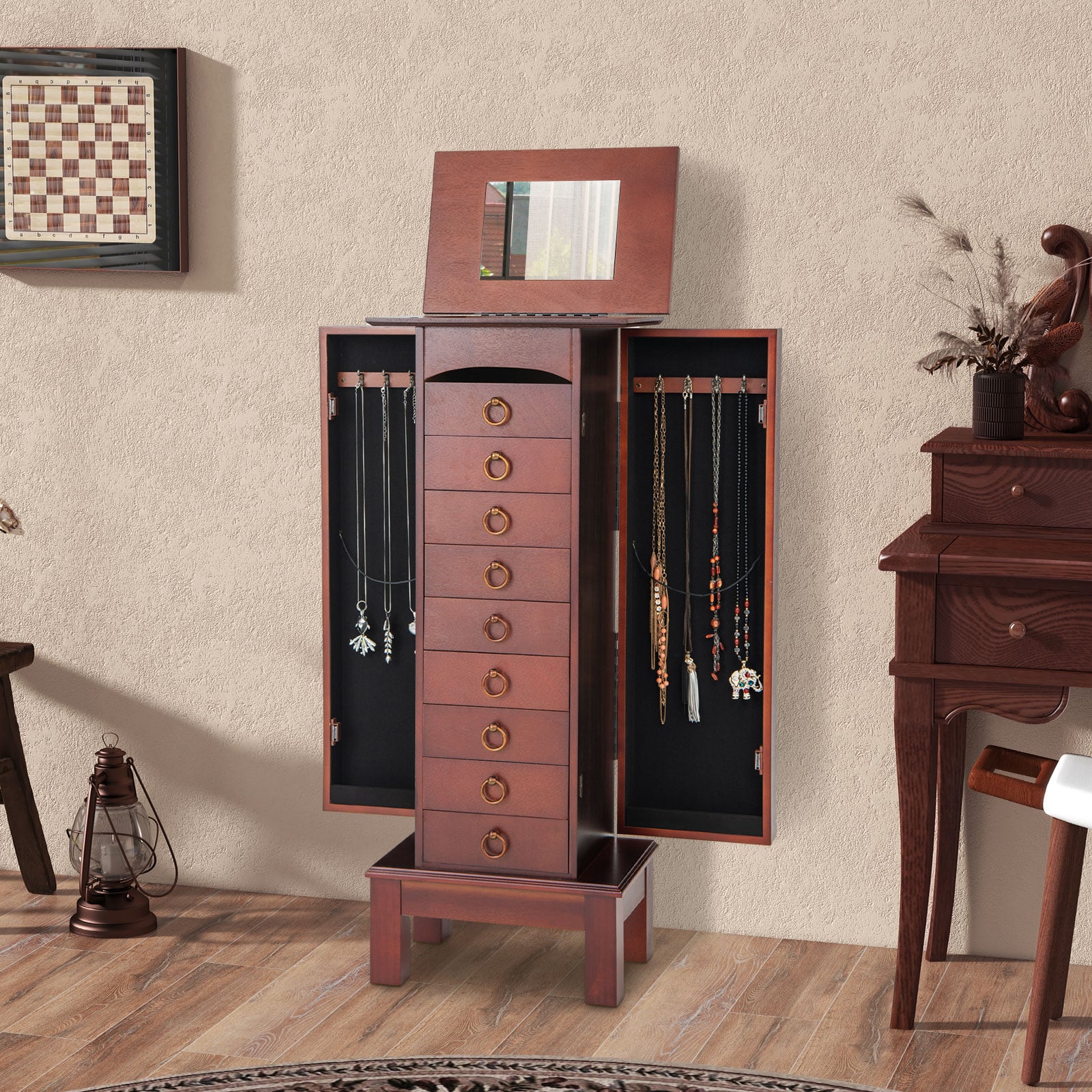 Costway Wood Jewelry Cabinet Armoire Storage Box Chest Stand Organizer ...