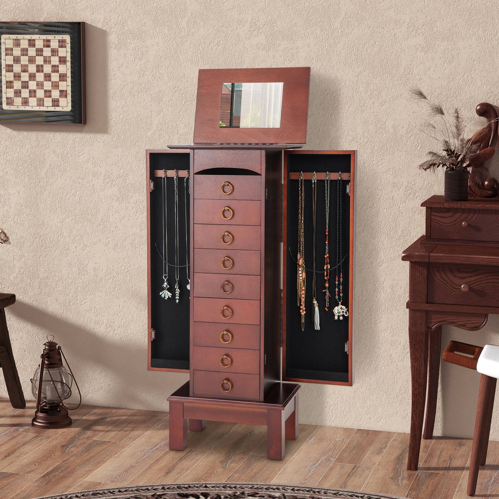 Alt View 12. Costway - Wood Jewelry Cabinet Armoire Storage Box Chest Stand Organizer Indoor Bedroom - Brown.