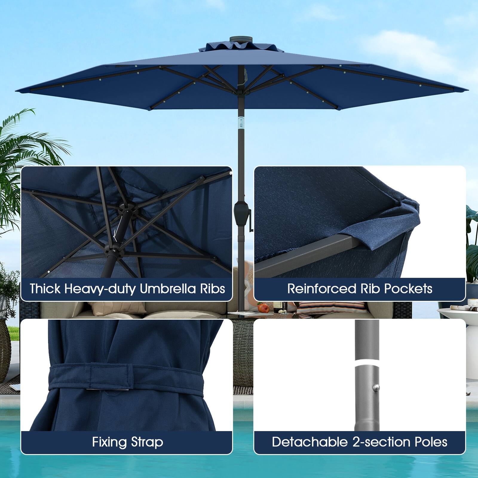 The image features a blue umbrella with a thick, heavy-duty design, reinforced rib pockets, and a fixing strap. The umbrella is also detachable, allowing for easy use and storage. The umbrella is open and positioned over a chair, providing shade and protection from the elements.