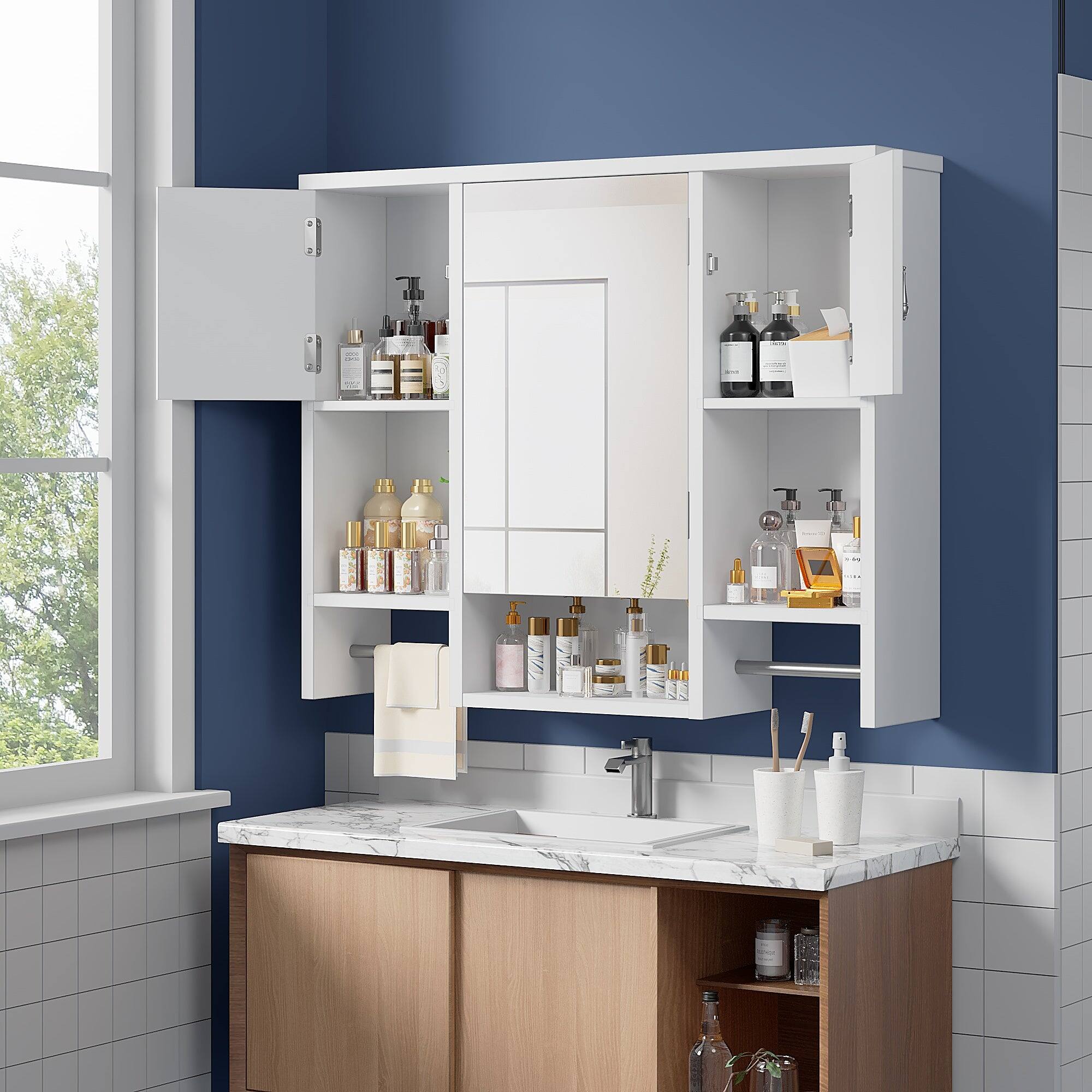 Alt View 5. Vecelo - Bathroom Wall Cabinet with Mirror and Adjustable Shelf, MDF Medicine Cabinet with Towel Bar for Small Spaces - White.