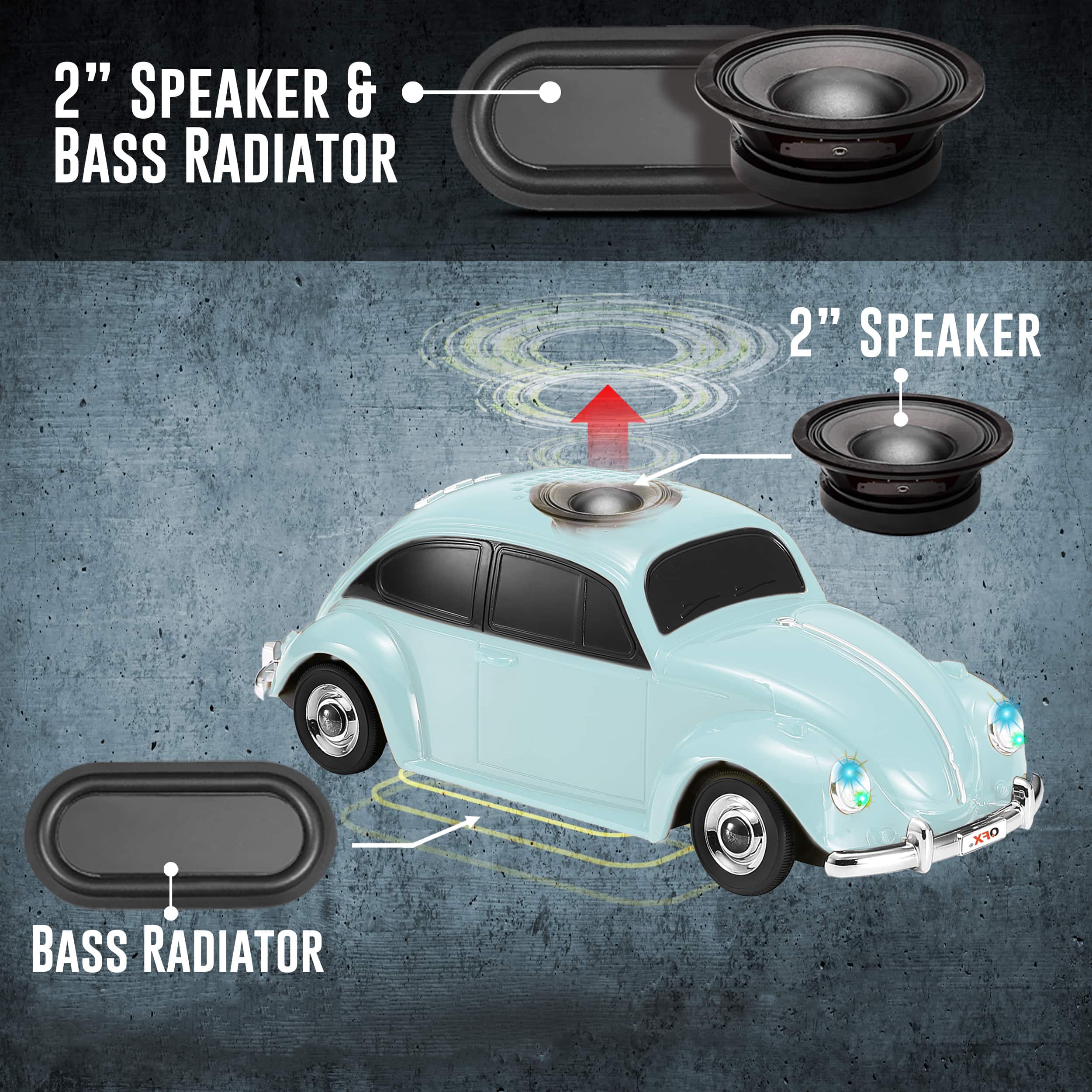 Alt View Zoom 17. QFX - Retro Car Portable Bluetooth Speaker with Bass Radiator and LED Lights - Blue.
