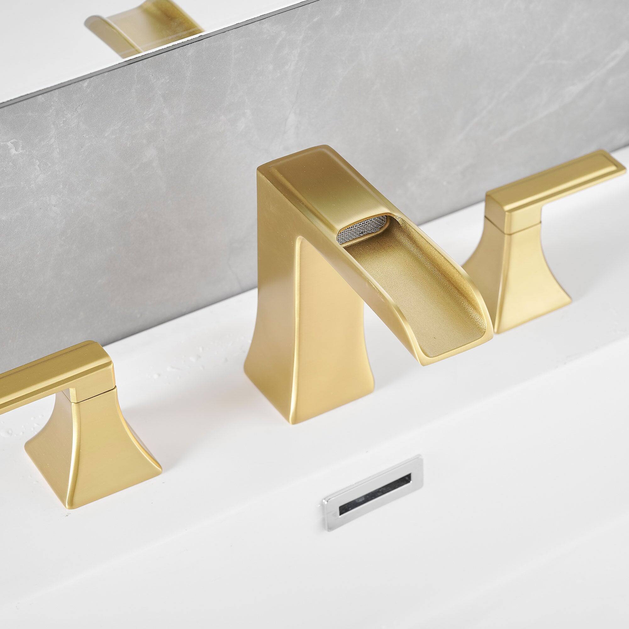 Alt View 9. Boyel Living - Modern 8 Inch Widespread Double Handle Brass Bathroom Faucet with Pop Up Drain and Water Supply Hoses in Brushed Gold - Brushed Gold.