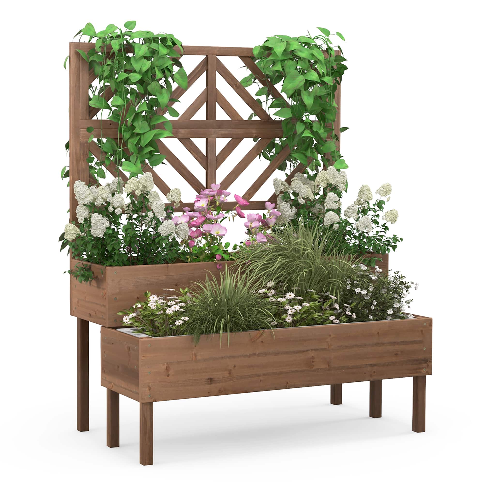 Costway - 2-Tier Raised Garden Bed with Trellis Wooden Elevated Planter Box for Vegetables - Coffee
