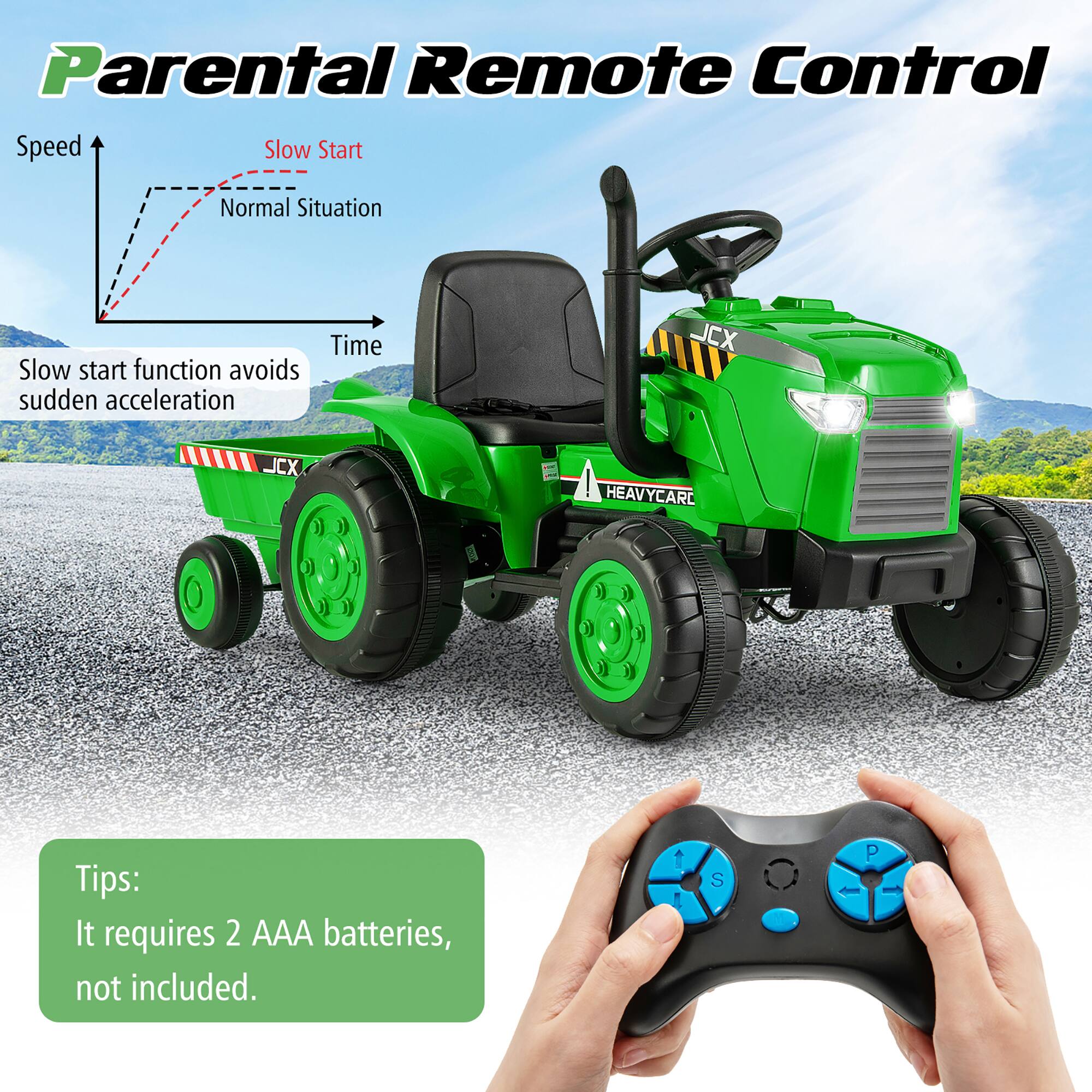 Parental Remote Control

Speed  
Slow Start  
Normal Situation  
Time

Slow start function avoids sudden acceleration

Tips:  
It requires 2 AAA batteries, not included.