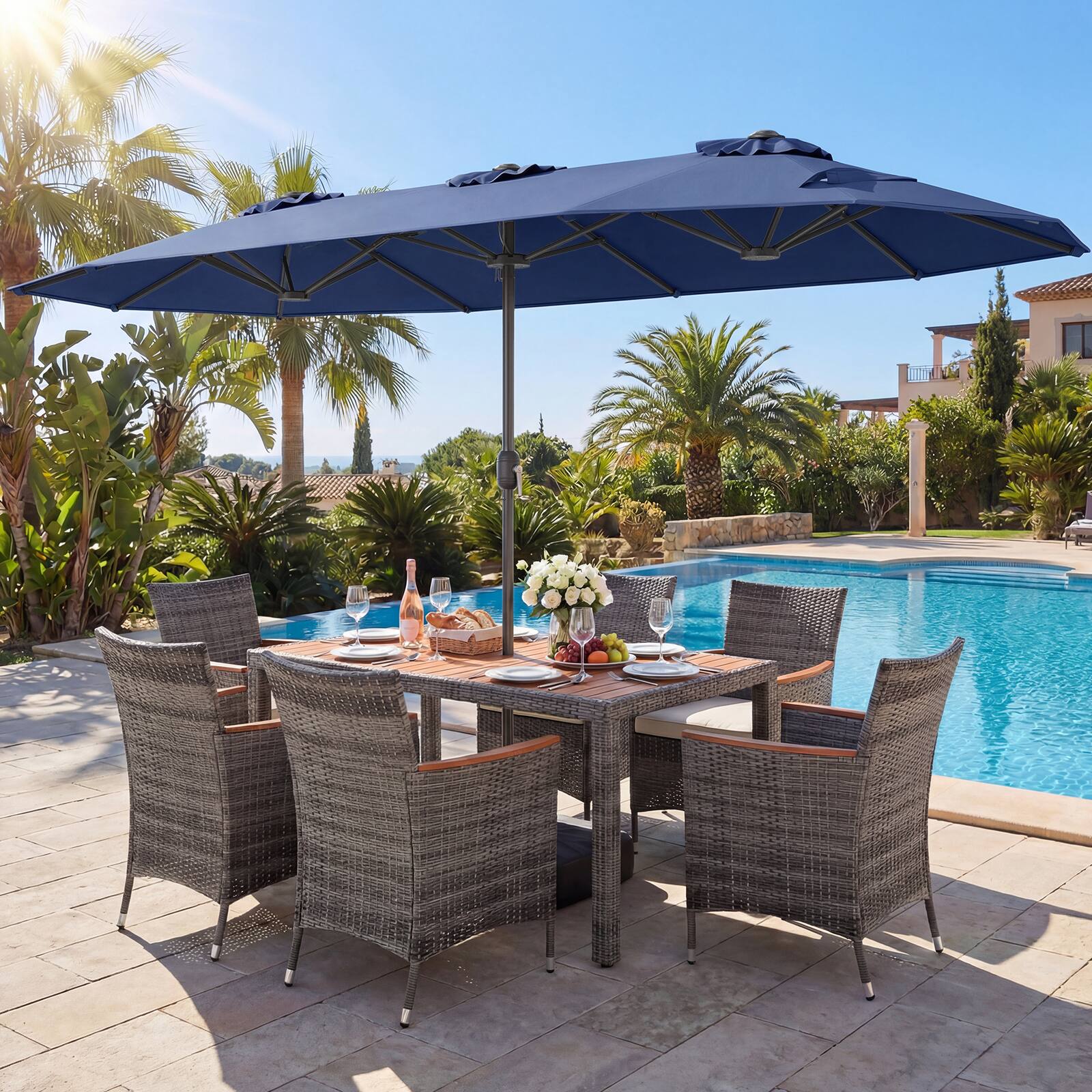 Alt View 4. Gymax - Gymax 8-Piece Patio Dining Set w/ Double-Sided Market Umbrella Acacia Wood Top Navy - Blue.