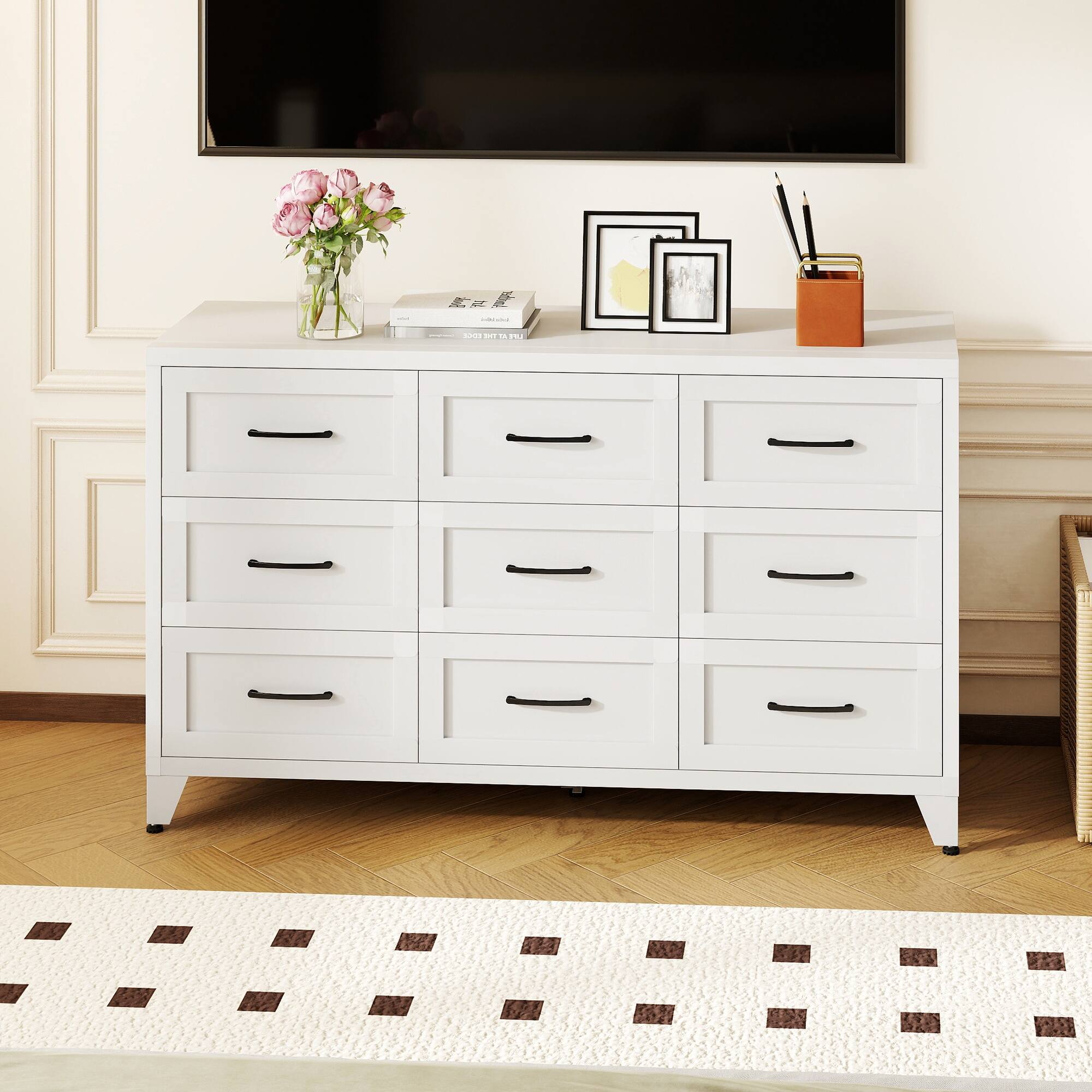 Back. Boyel Living - 9-Drawer Metal Dresser with Smooth-Glide Storage - White.