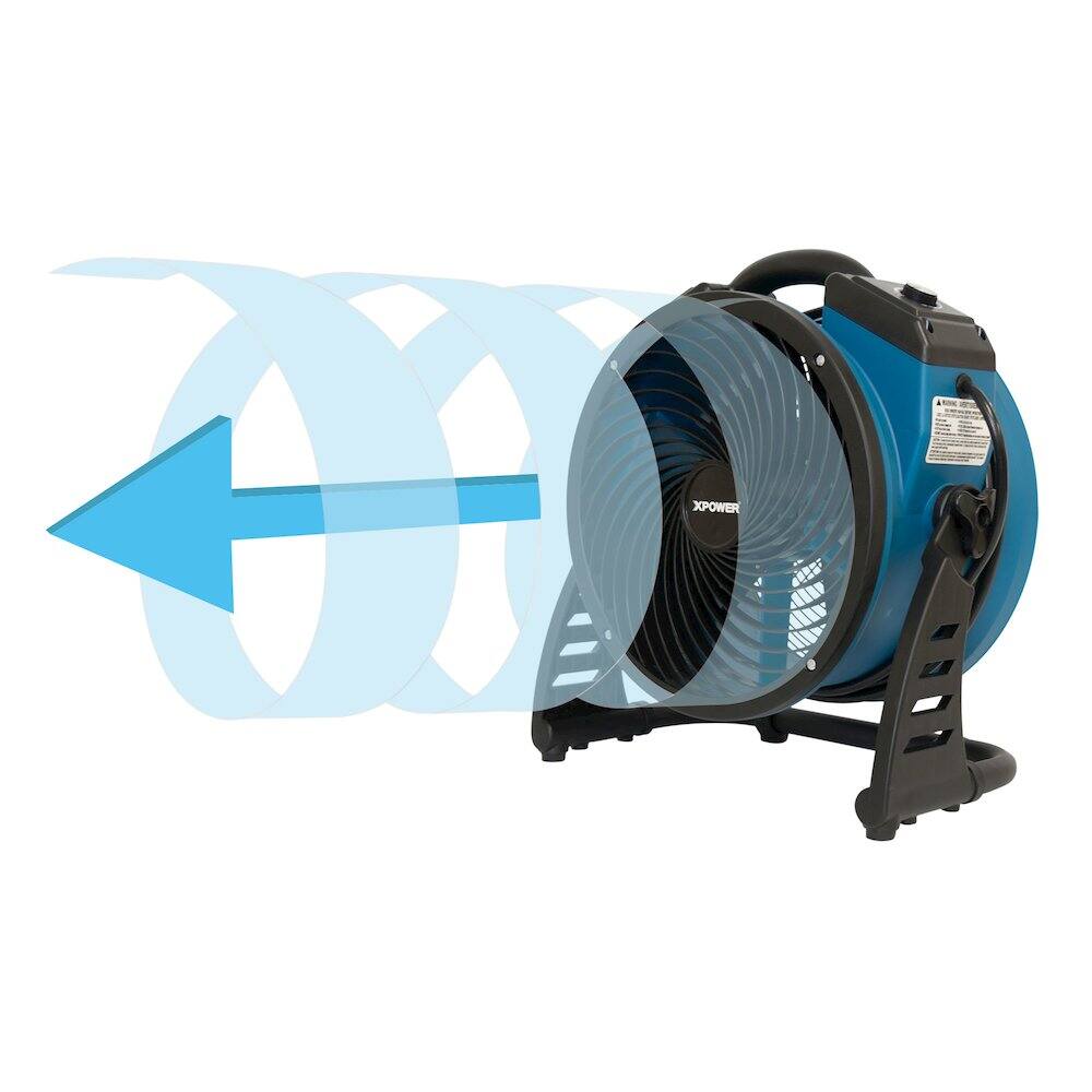 Angle. XPOWER - 4 Speed 13" Ventilation Axial Air Mover, Blower, Fan with Built-in Power Outlets - Blue.