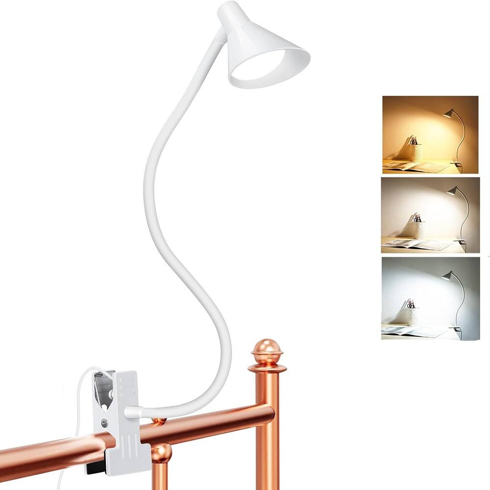 Front. Schertz - Clip-On Desk Lamp with USB, Flexible Gooseneck Reading Light with 3 Color Modes & 10 Brightness Levels, Eye-Caring Clamp - White.