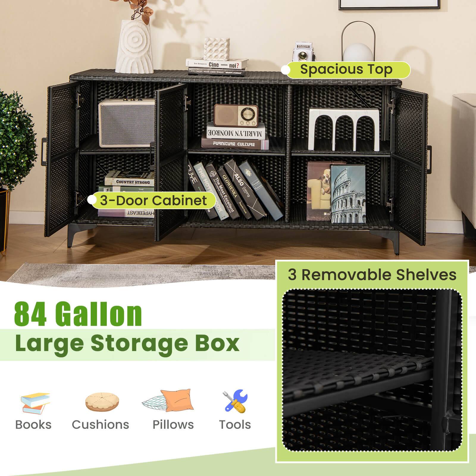 The text on the image is grouped and corrected as follows:
"84 Gallon Large Storage Box with 3-Door Cabinet, 3 Removable Shelves, and Excellent HyperEase. Books, Cushions, Pillows, and Tools."