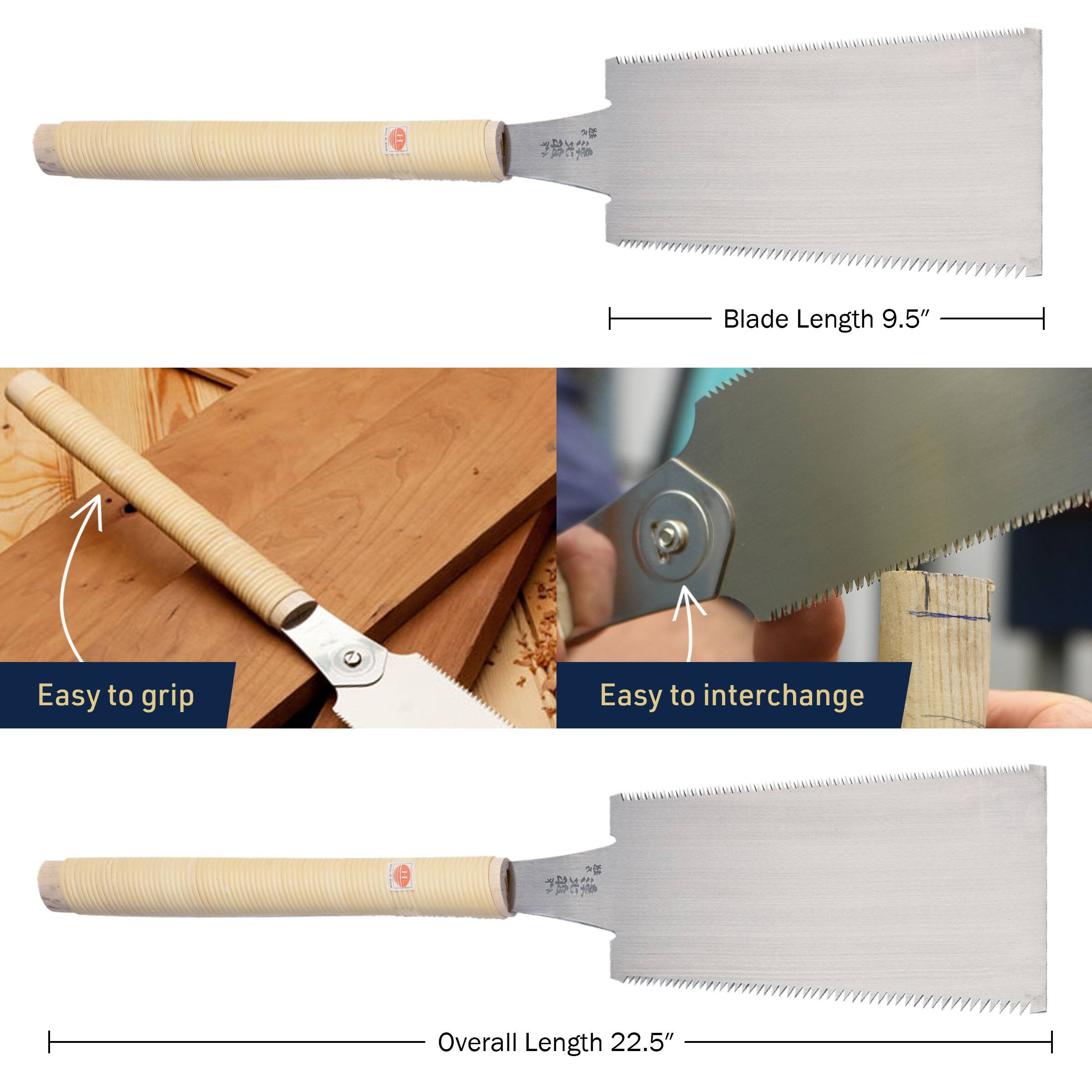 Blade Length 9.5" Easy to grip Easy to interchange Overall Length 22.5"